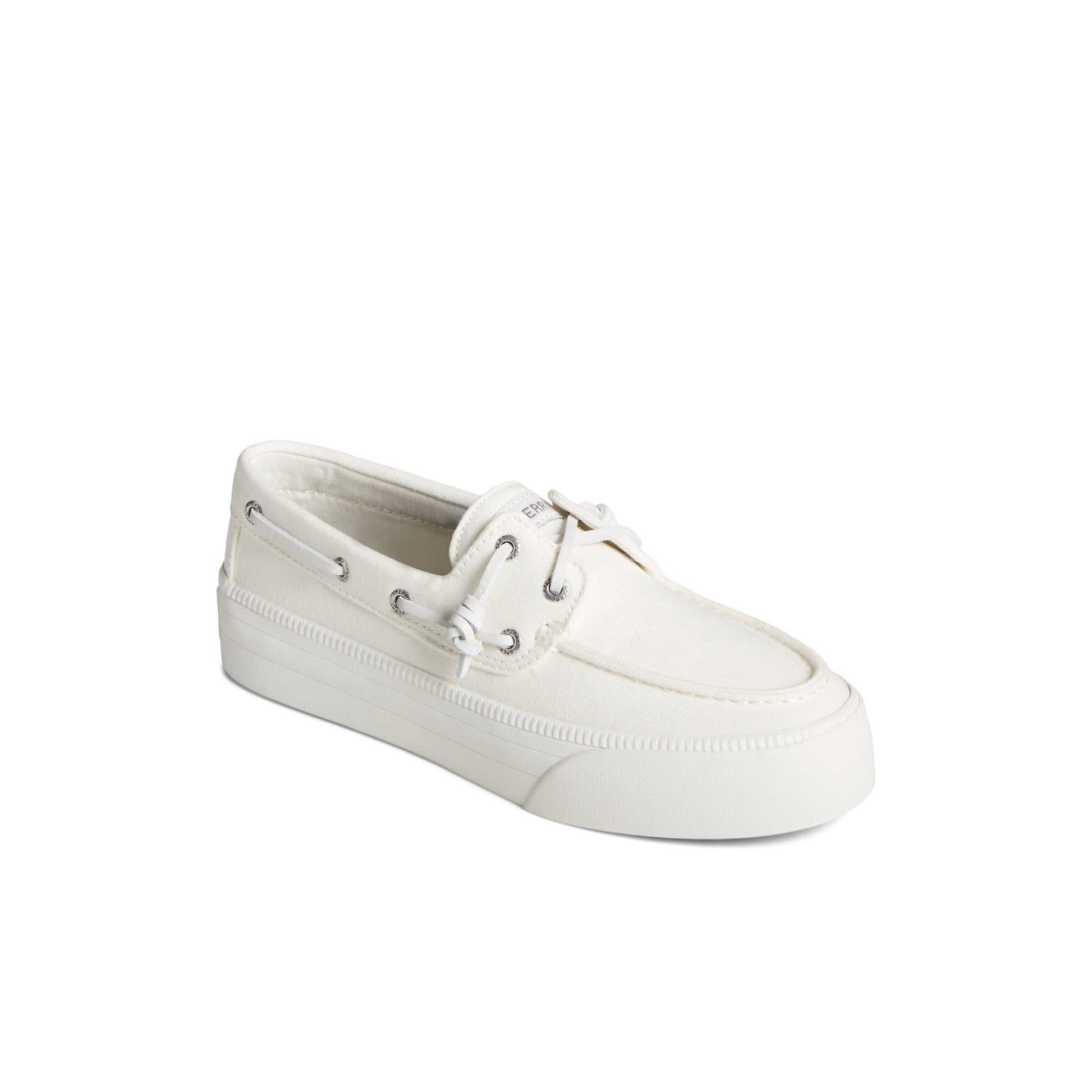 Three-quarter angle of White Bahama 3.0 Platform Sneaker Vulcanized Boat Shoe Sneaker's front side