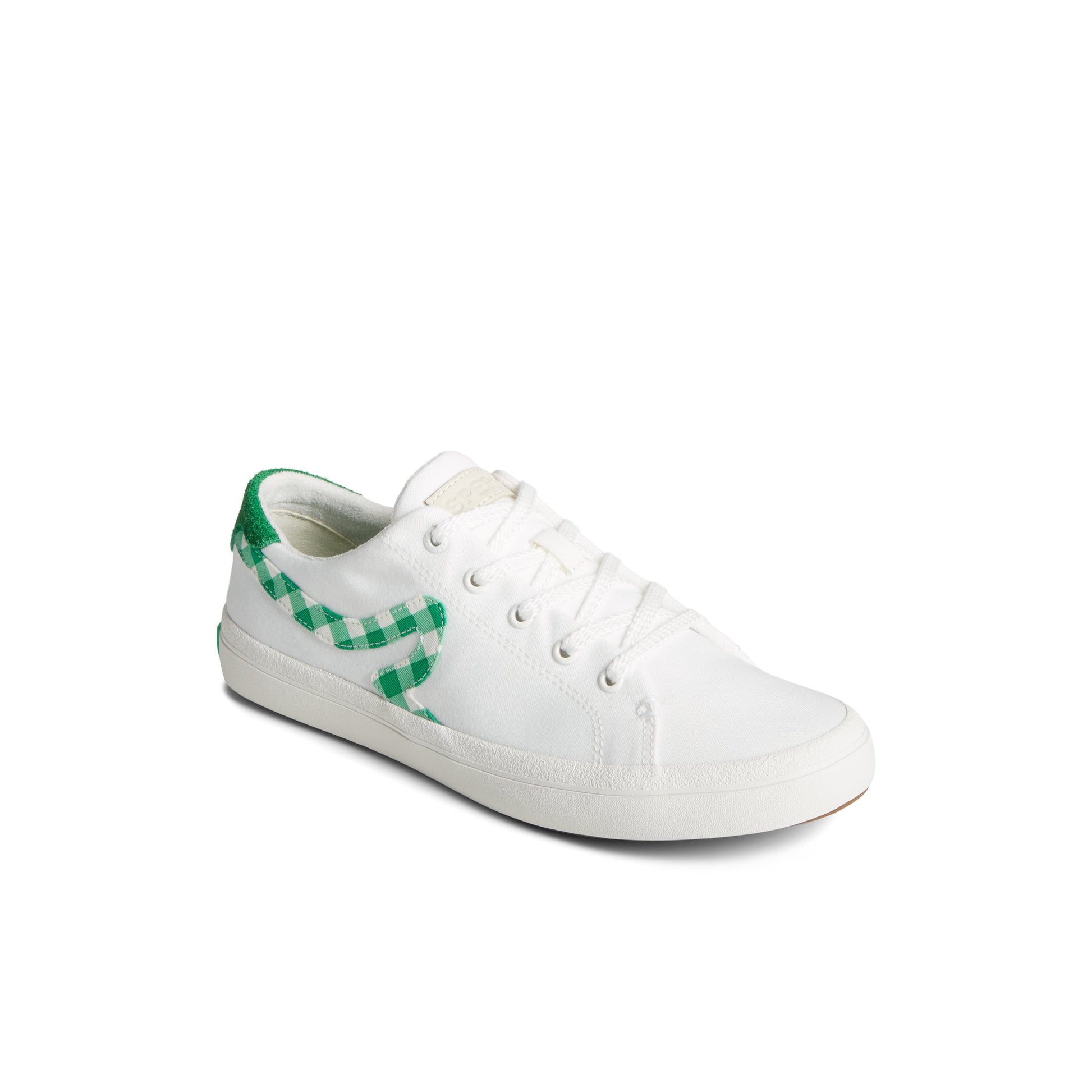 Three-quarter angle of White Sandy Gingham Sneaker Vulcanized Tennis Sneaker's front side
