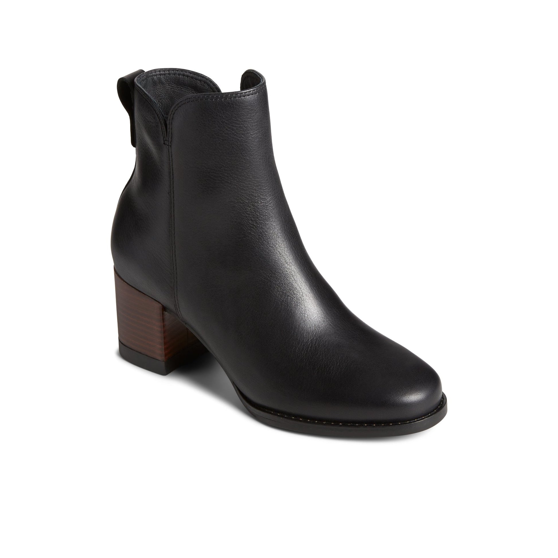 Three-quarter angle of Black Seaport Heel Water Resistant Leather Boot Ankle Booties's front side