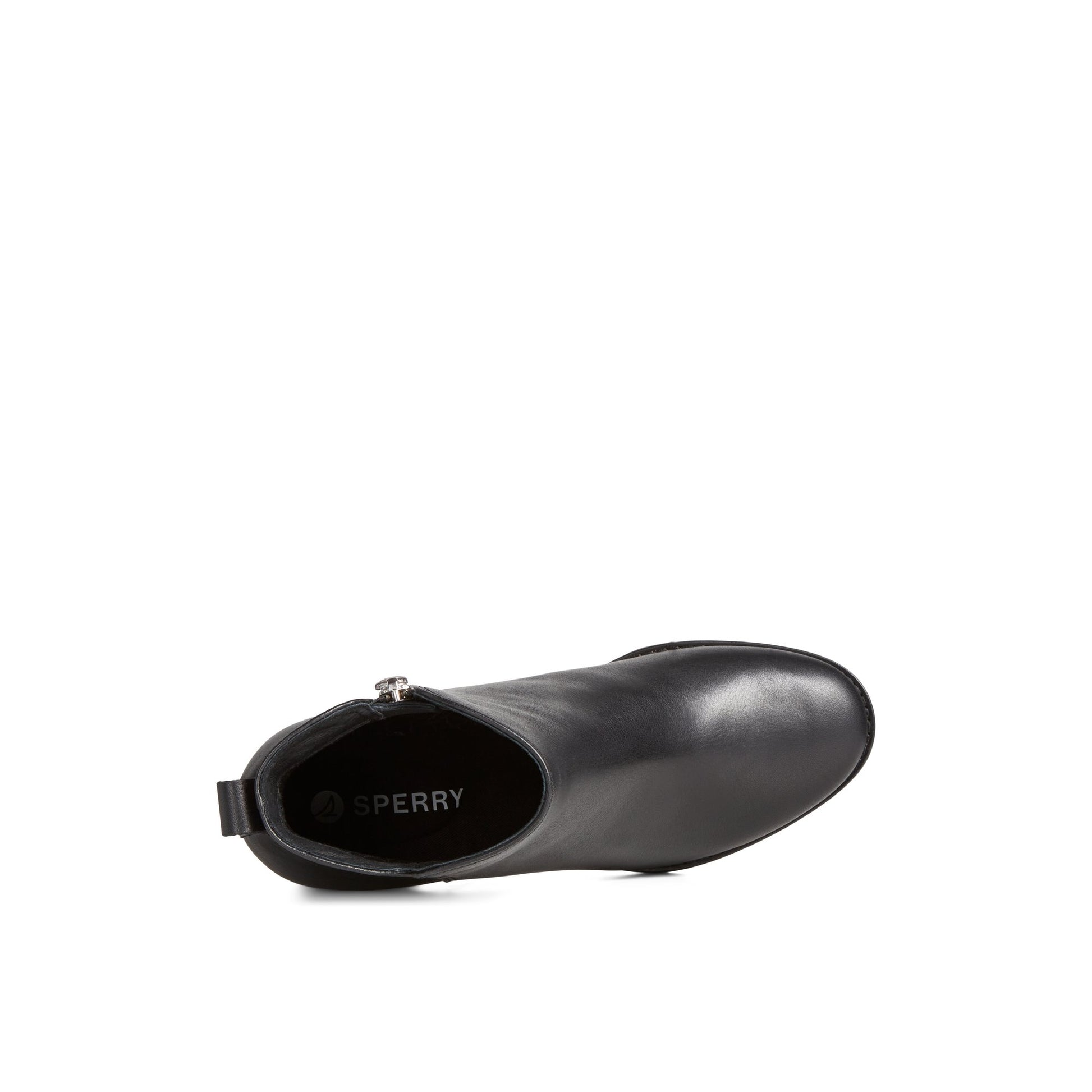 Top-down view of the Black Seaport Heel Water Resistant Leather Boot Ankle Booties