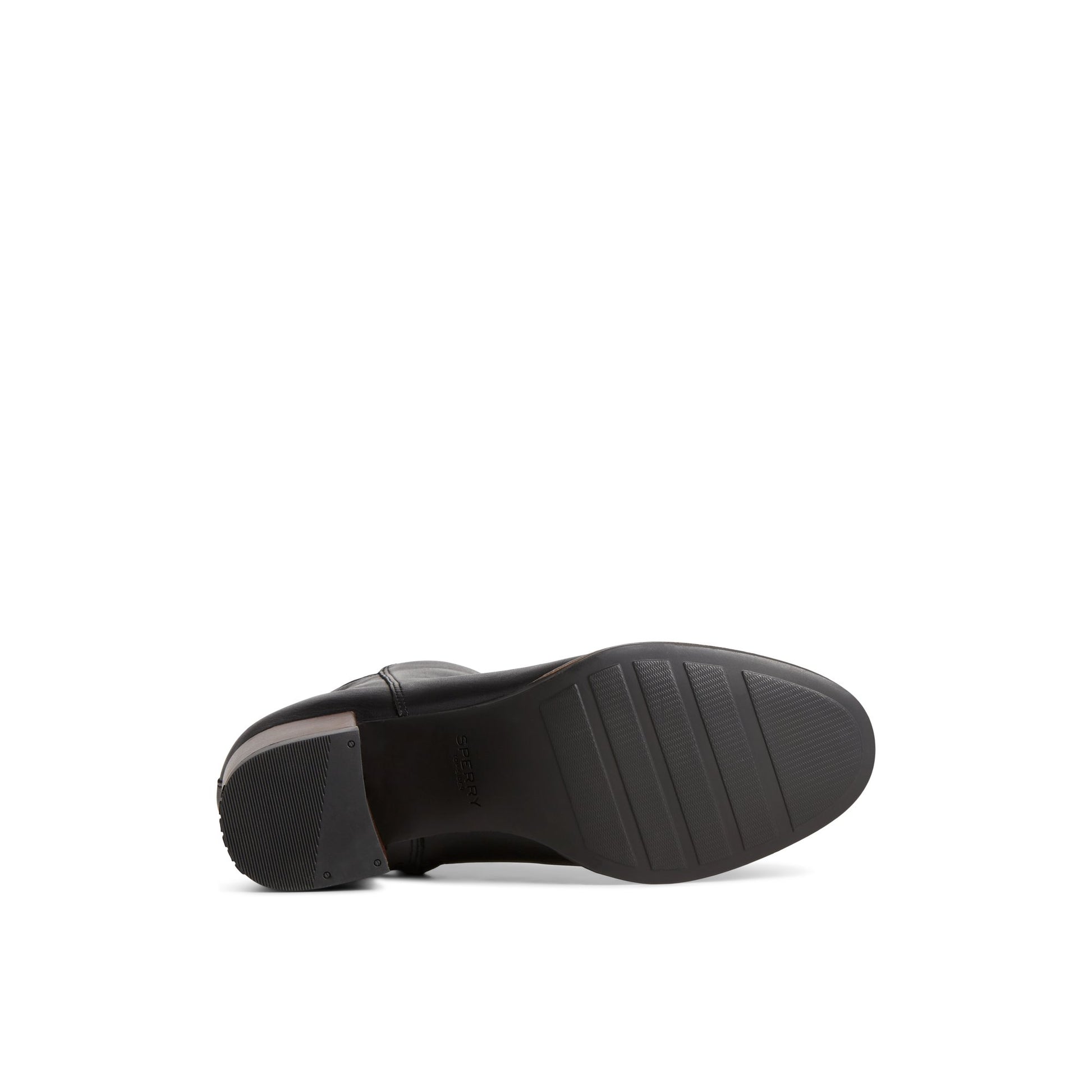 View of Black Seaport Heel Water Resistant Leather Boot Ankle Booties's sole