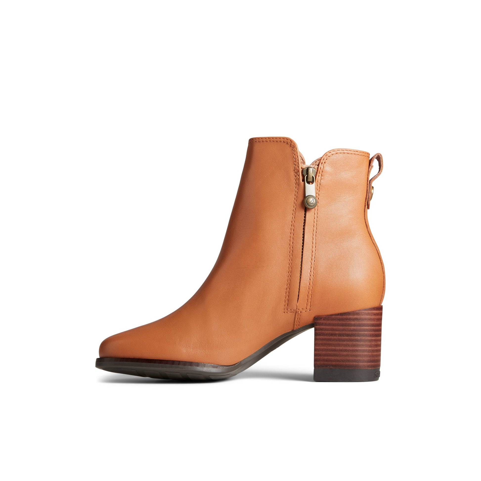 Side view of Medium Beige Seaport Heel Water Resistant Leather Boot Ankle Booties