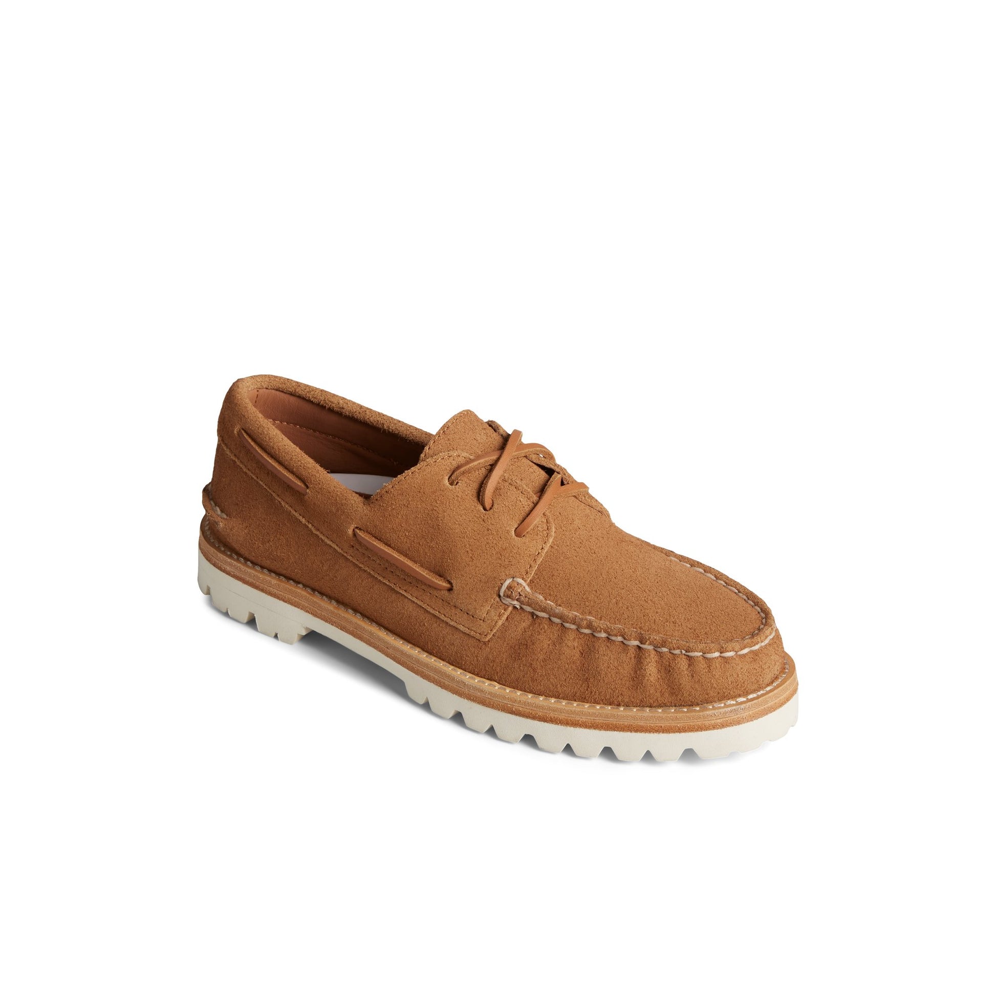 Three-quarter angle of Medium Beige Unisex Authentic Original  3-Eye Vibram Boat Shoe Boat Shoes's front side