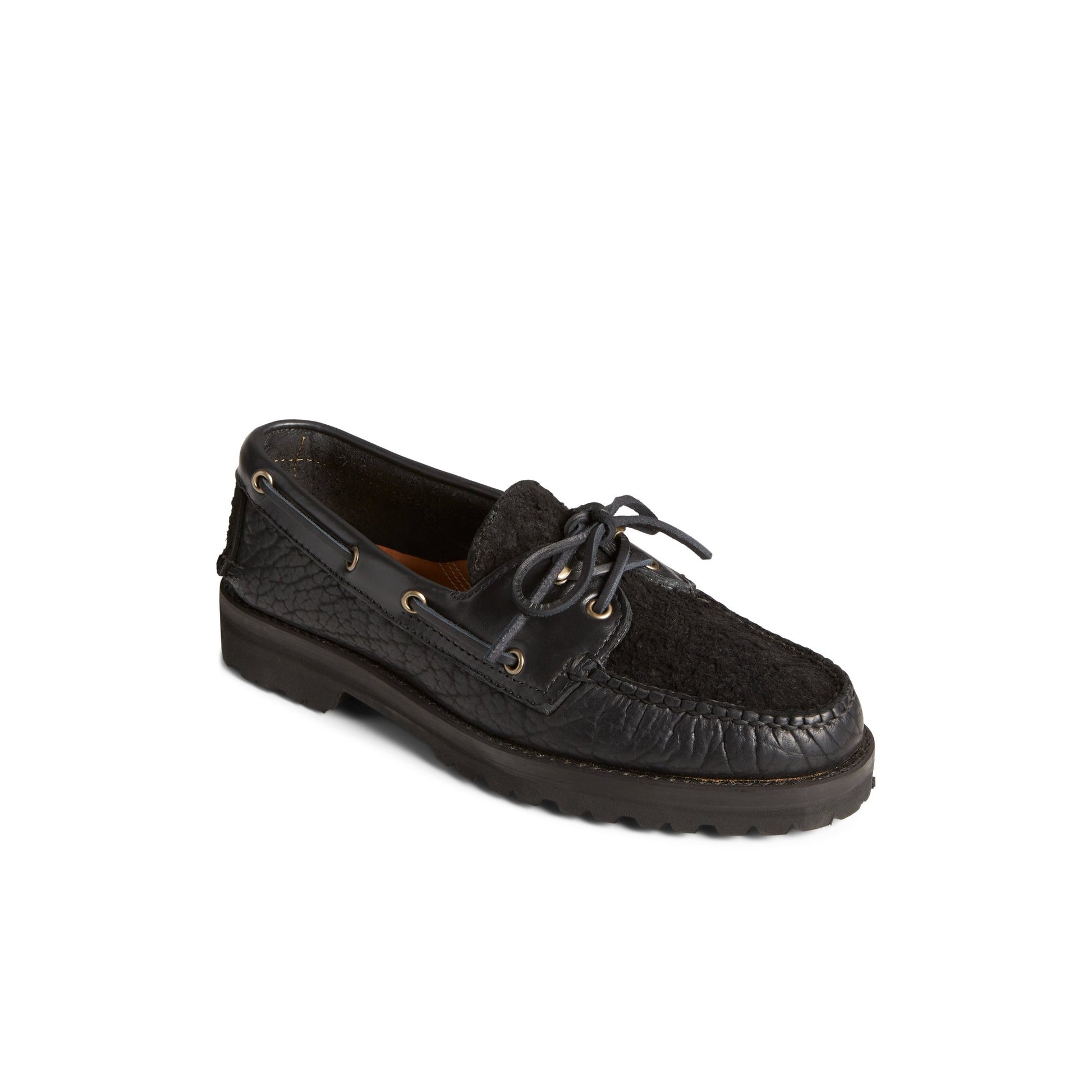 Three-quarter angle of Black Authentic Original™ 2-Eye Boat Shoe by Chris Echevarria Boat Shoes's front side