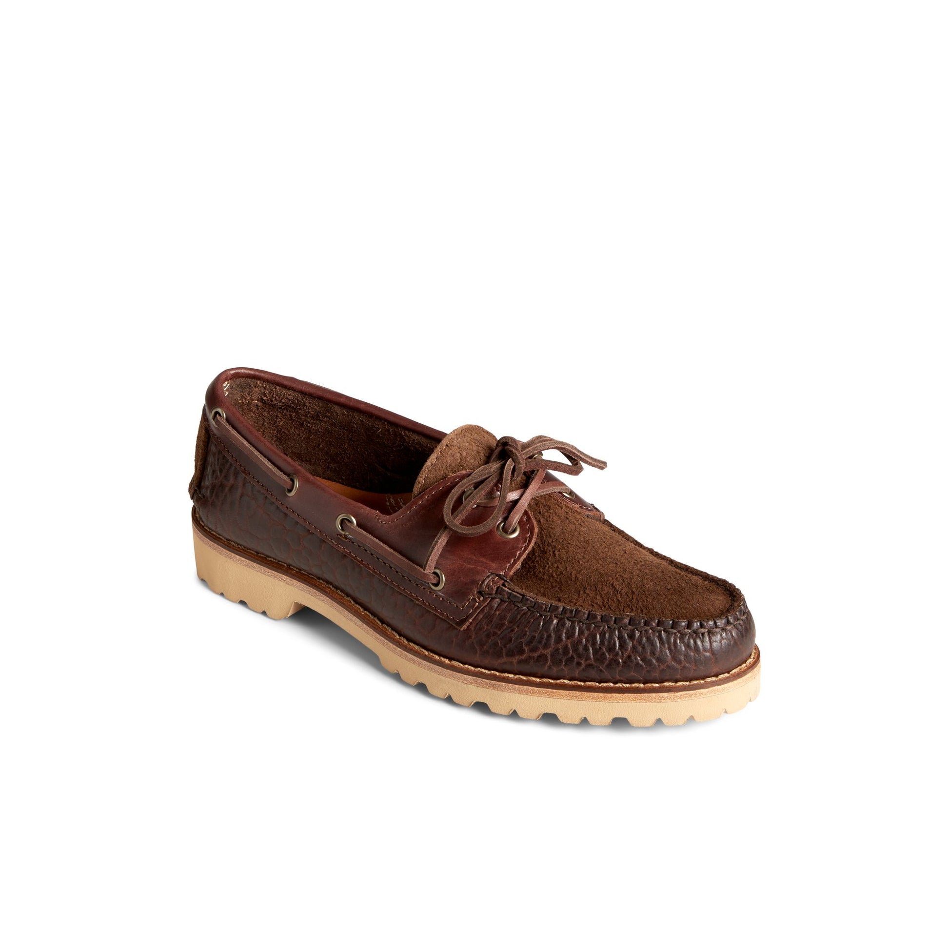 Three-quarter angle of Brown Authentic Original™ 2-Eye Boat Shoe by Chris Echevarria Boat Shoes's front side