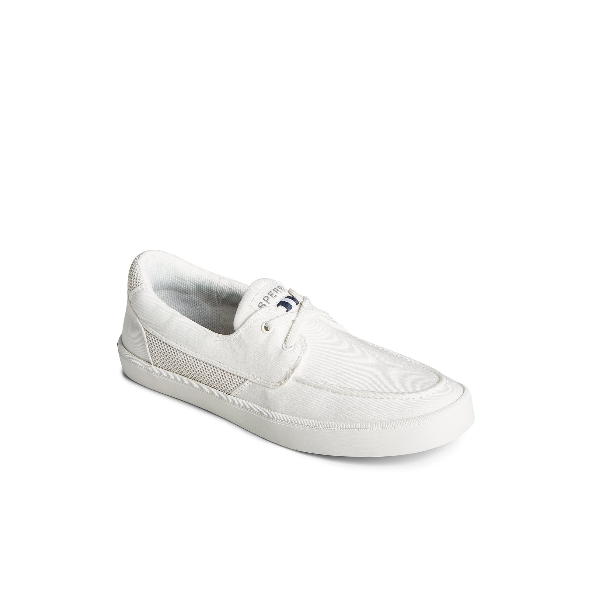Three-quarter angle of White SeaCycled™ Bowery Sneaker Vulcanized Sneaker's front side