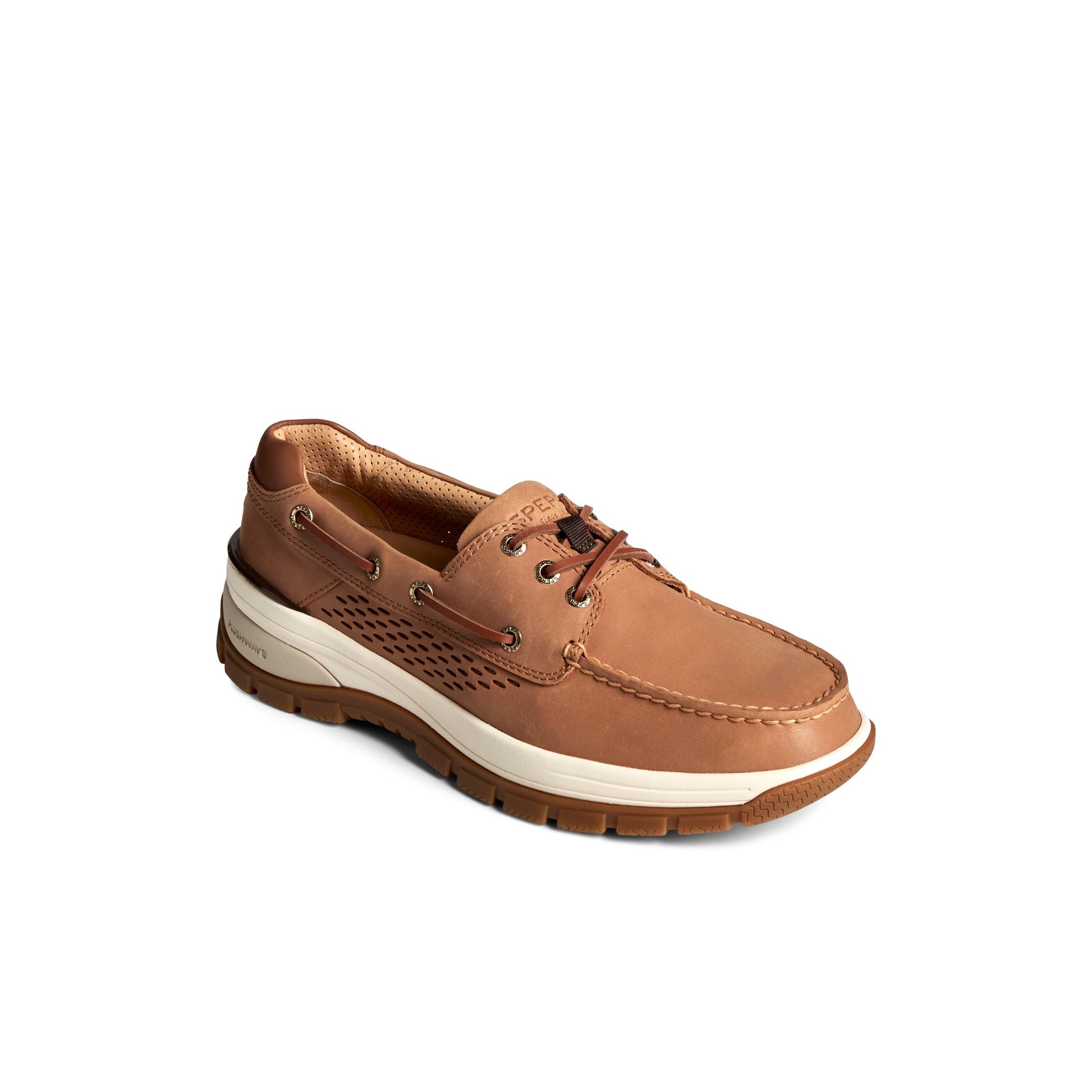 Three-quarter angle of Medium Beige Gold Cup™ Billfish™ PLUSHWAVE™ Boat Shoe Boat Shoes's front side