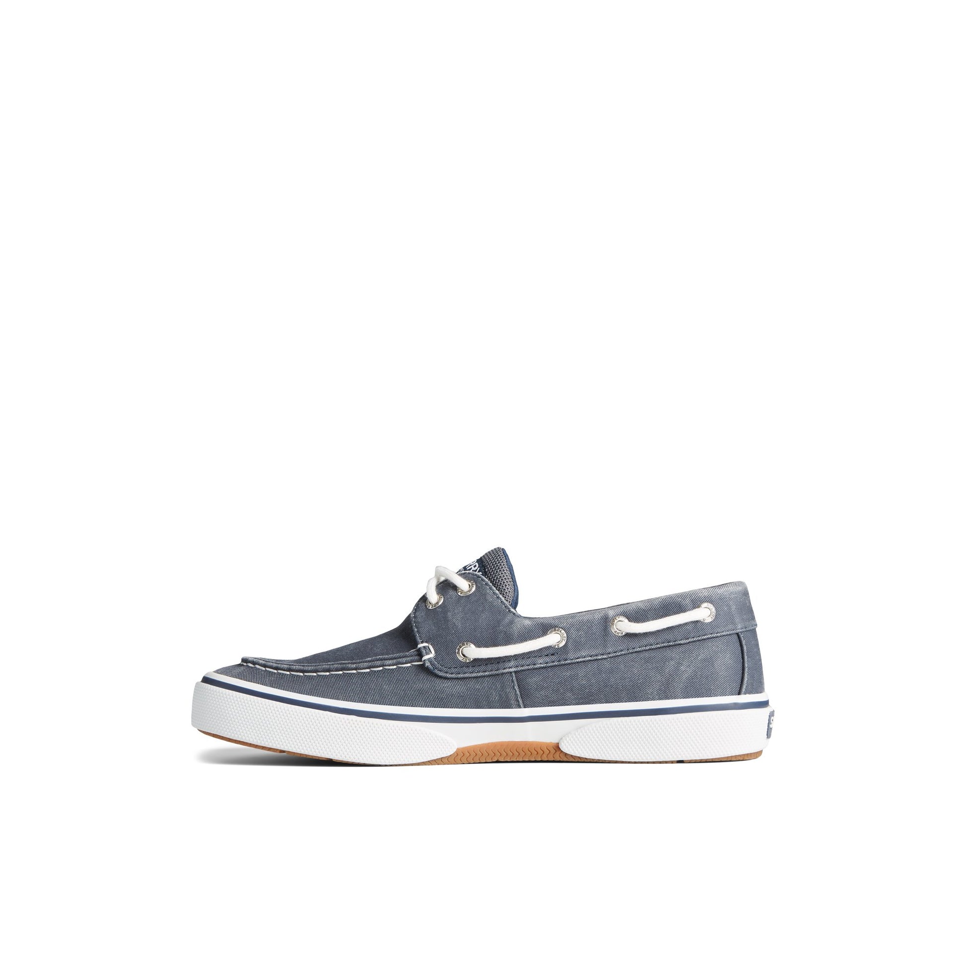Side view of Navy Halyard 2-Eye Salt Washed Boat Shoe Vulcanized Boat Shoe Sneaker
