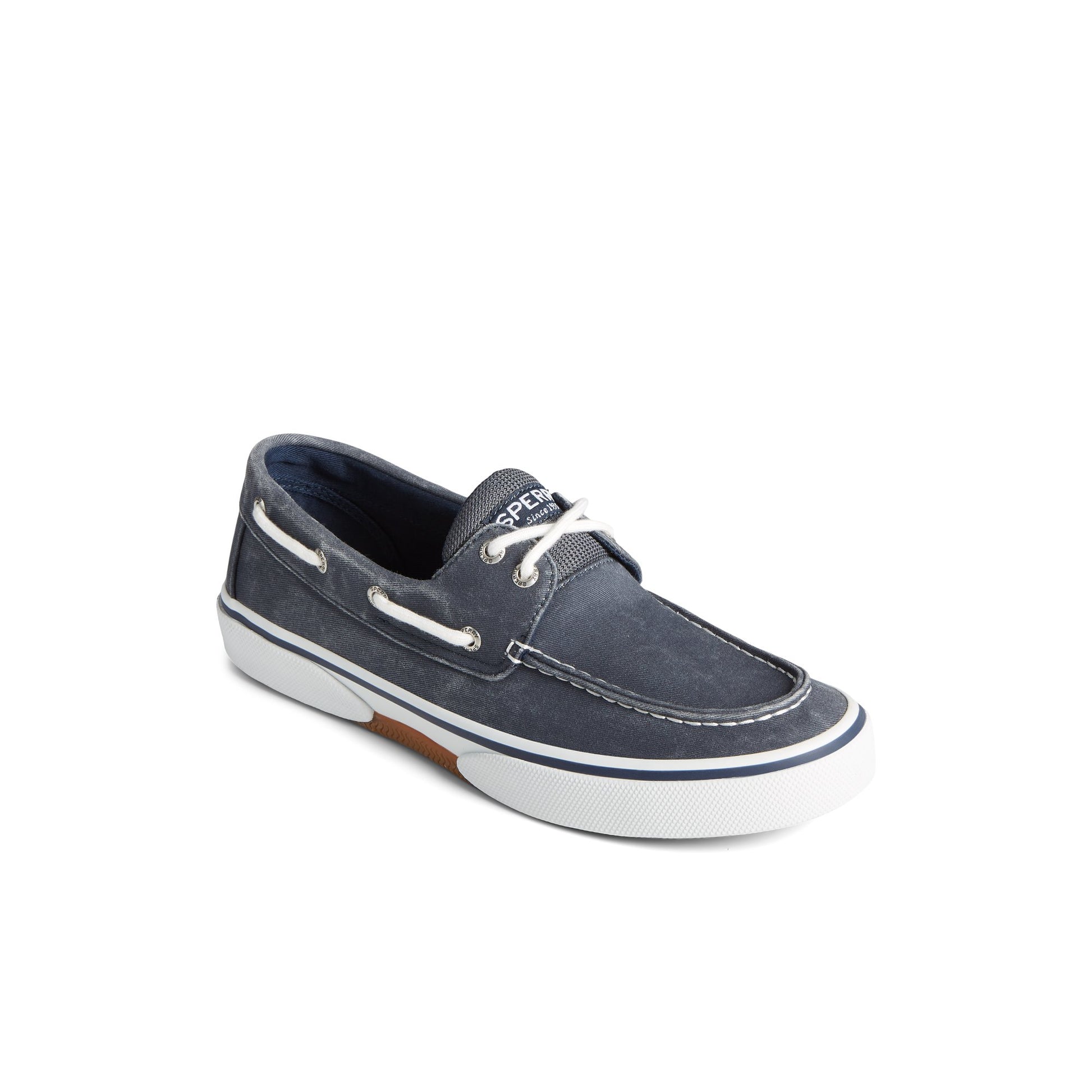 Three-quarter angle of Navy Halyard 2-Eye Salt Washed Boat Shoe Vulcanized Boat Shoe Sneaker's front side