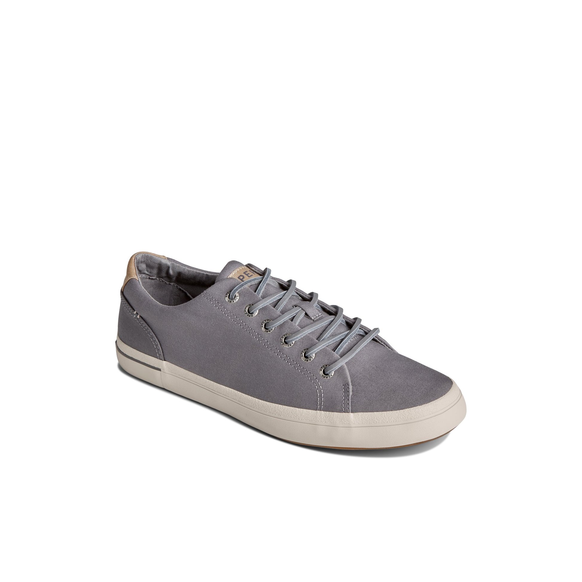 Three-quarter angle of Grey SeaCycled™ Striper II Textile Sneaker Vulcanized Sneaker's front side