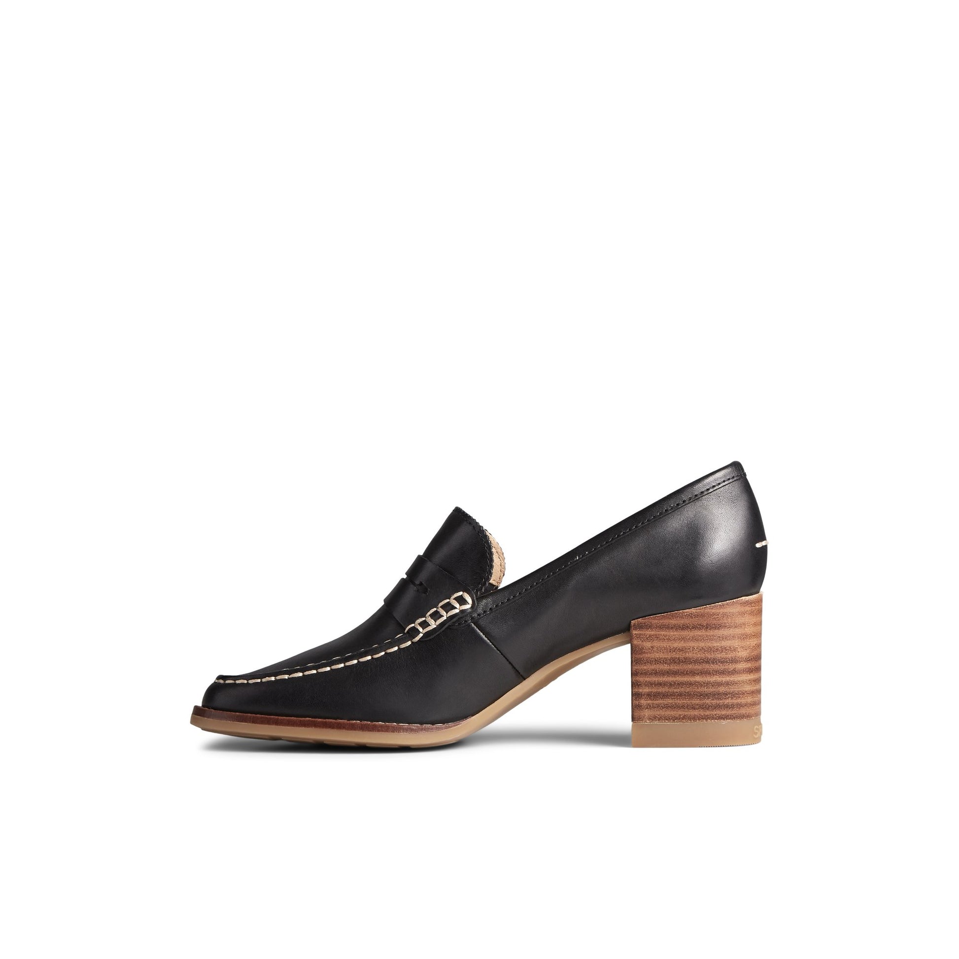 Side view of Black Seaport Penny Heel Leather Loafer Penny Loafer