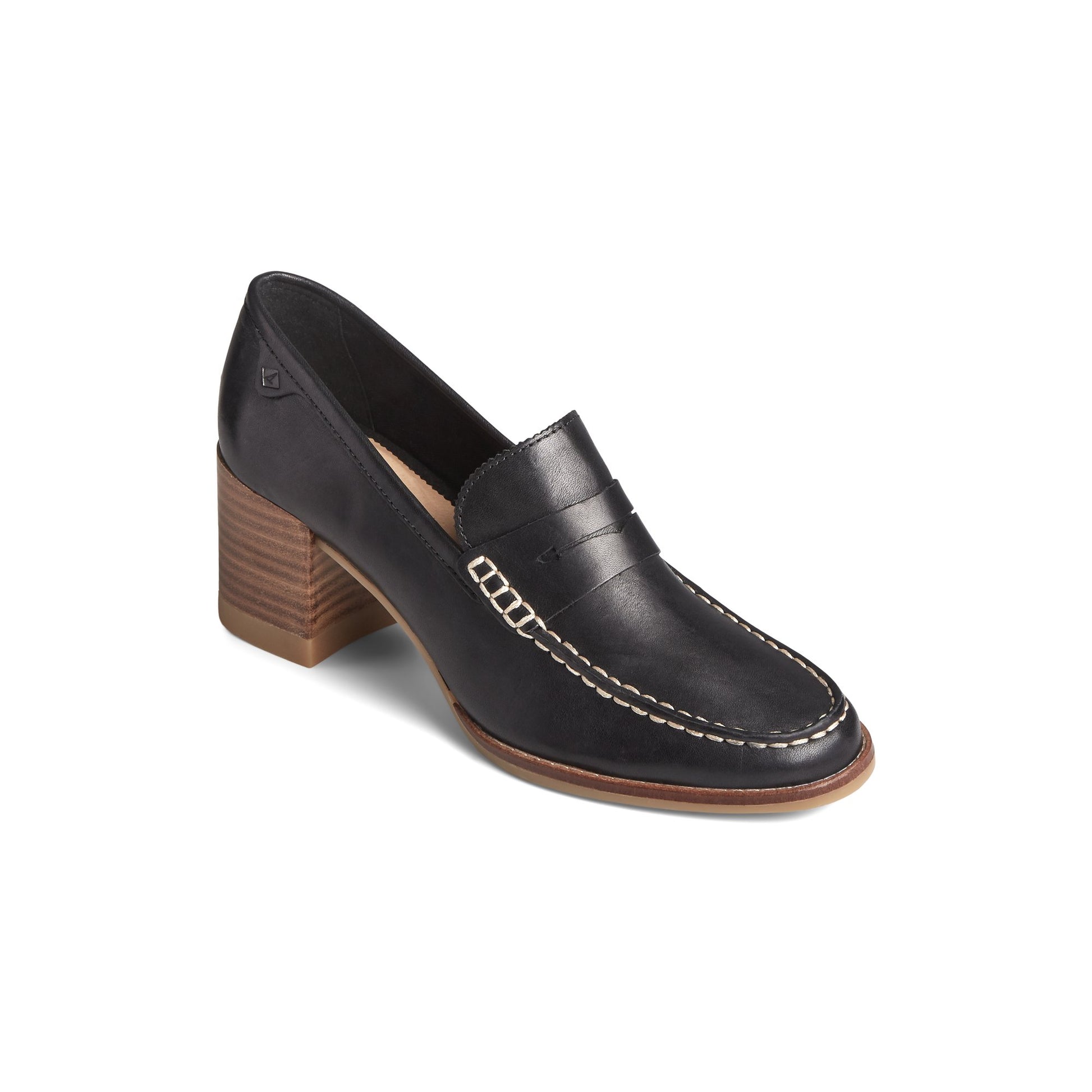 Three-quarter angle of Black Seaport Penny Heel Leather Loafer Penny Loafer's front side