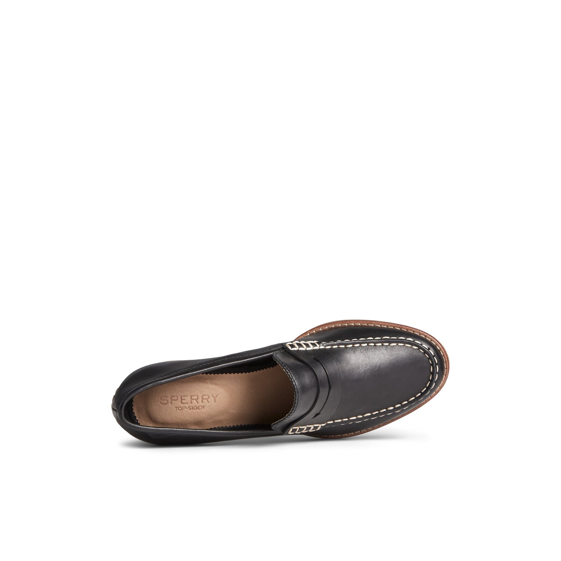 Top-down view of the Black Seaport Penny Heel Leather Loafer Penny Loafer
