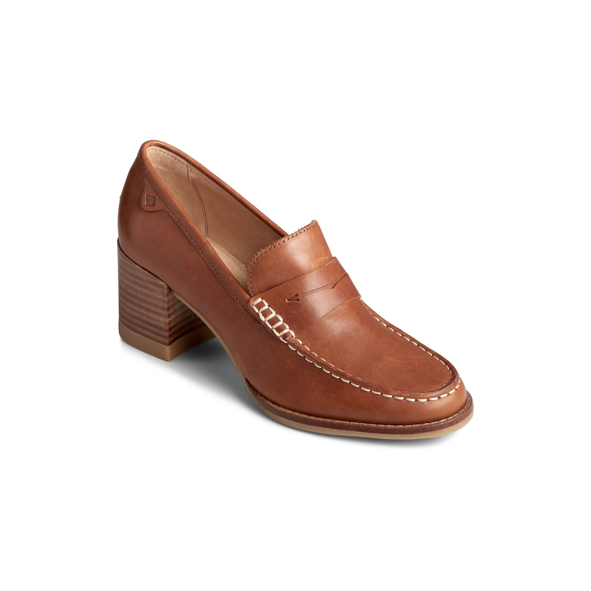 Three-quarter angle of Medium Beige Seaport Penny Heel Leather Loafer Penny Loafer's front side