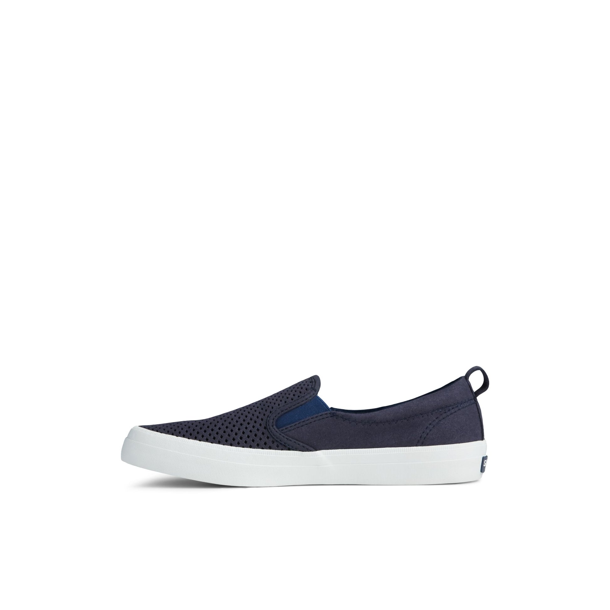 Side view of Navy Crest Twin Gore Perforated Slip On Sneaker Vulcanized Sneaker