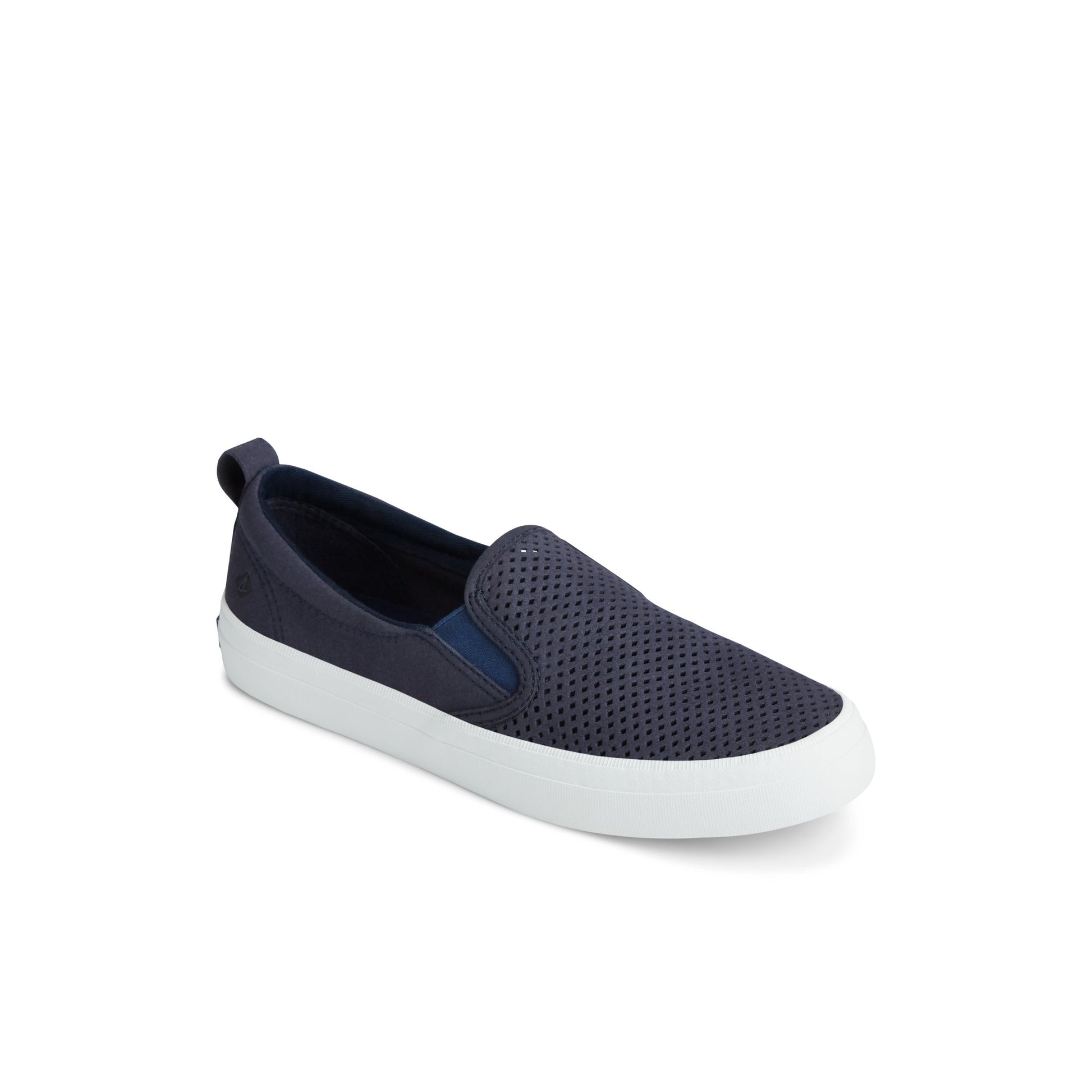 Three-quarter angle of Navy Crest Twin Gore Perforated Slip On Sneaker Vulcanized Sneaker's front side