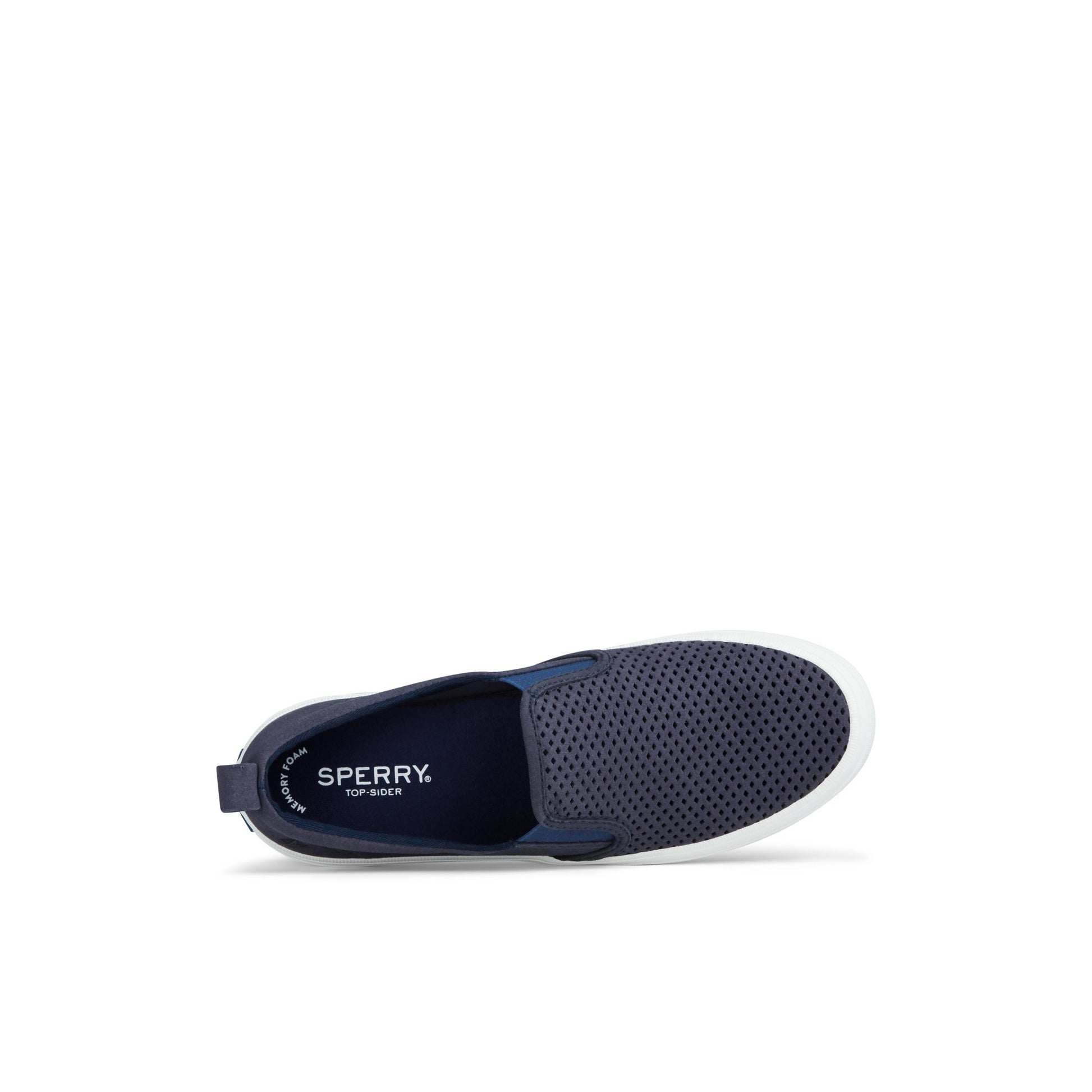 Top-down view of the Navy Crest Twin Gore Perforated Slip On Sneaker Vulcanized Sneaker