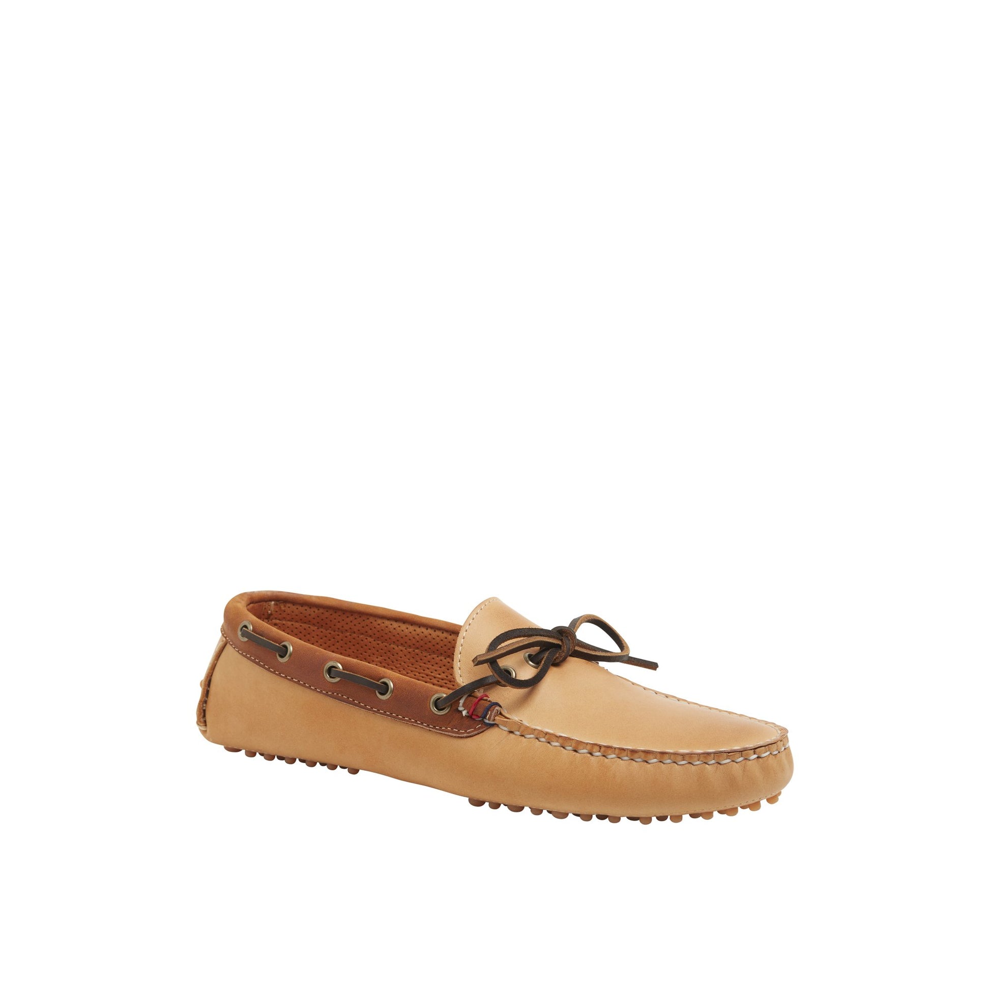 Three-quarter angle of Medium Beige Gold Cup™ Handcrafted in Maine 1-Eye Driver Boat Shoe's front side