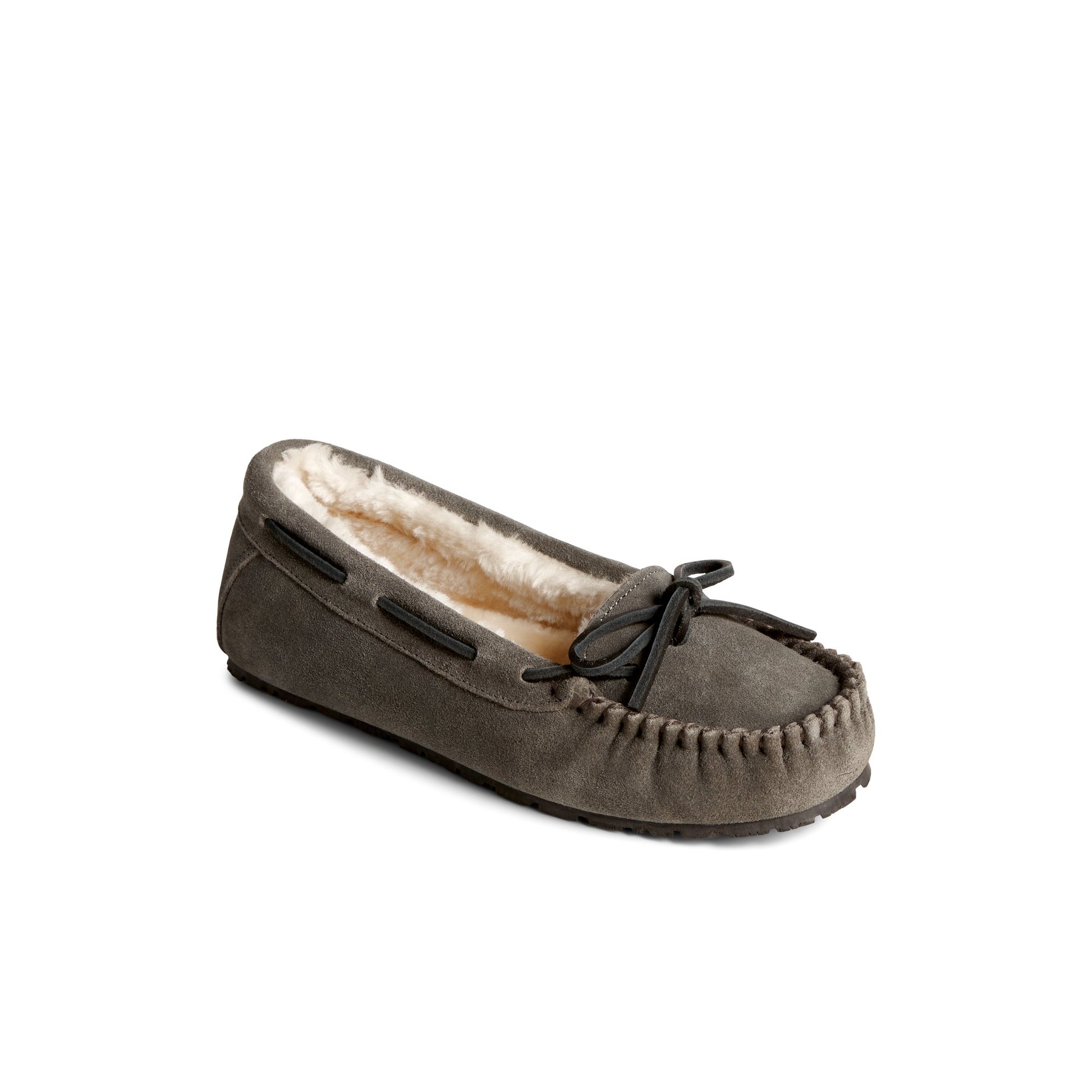 Three-quarter angle of Grey Reina 1-Eye Slipper Moccasin Slipper's front side