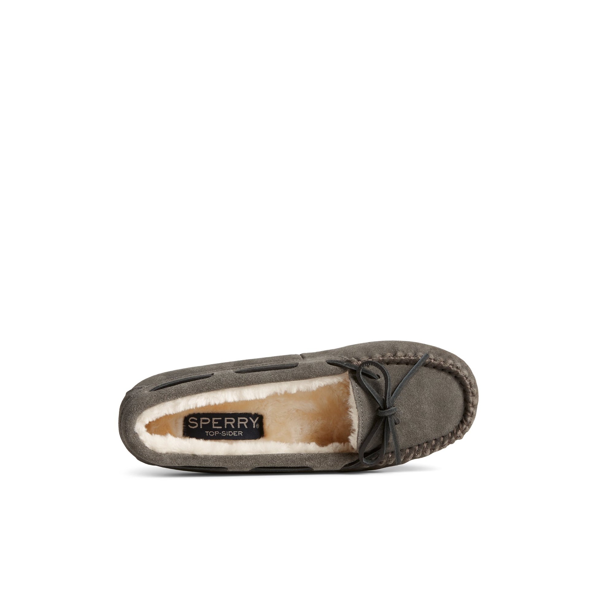 Top-down view of the Grey Reina 1-Eye Slipper Moccasin Slipper