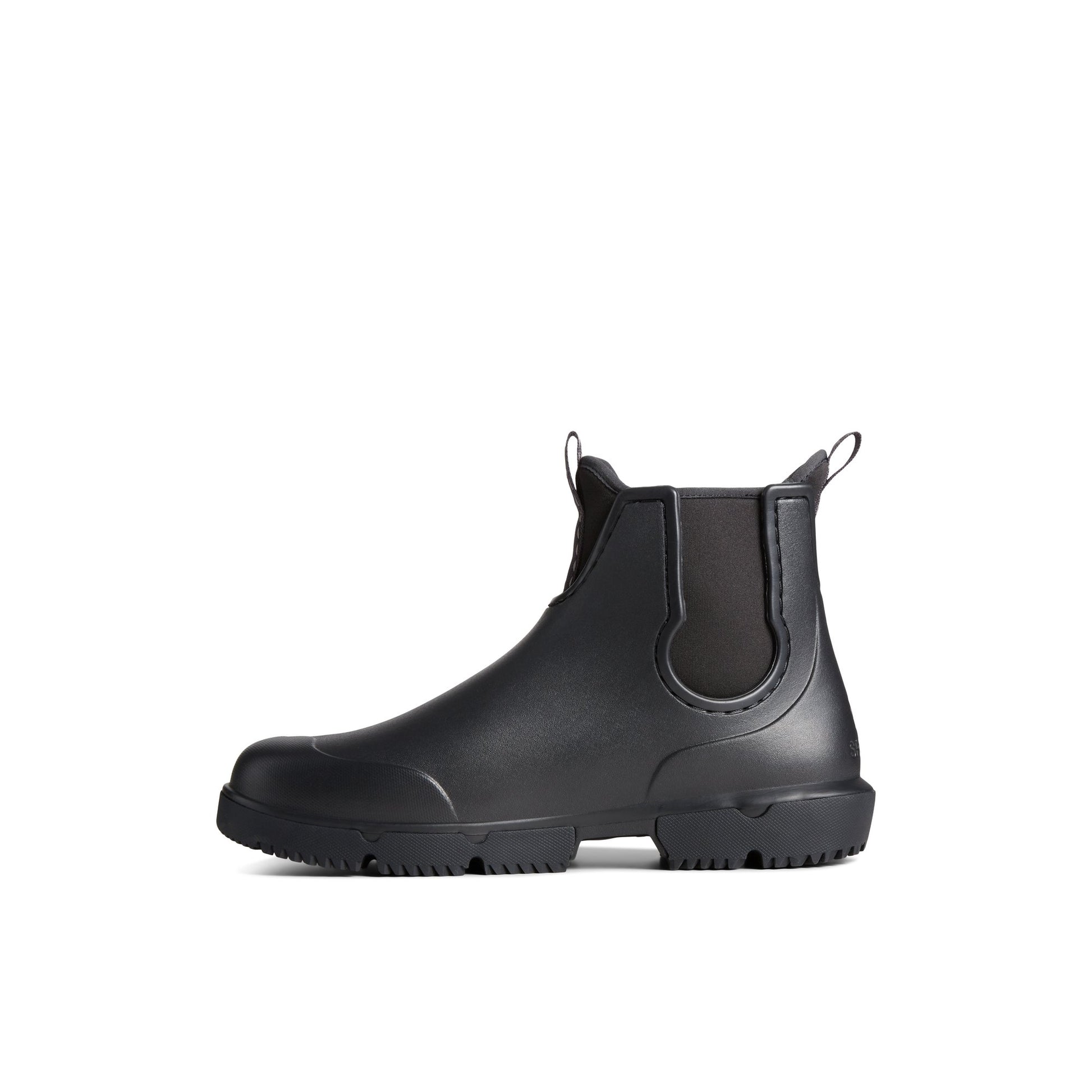 Side view of Black Float Rain Boot Chelsea Rain Boot