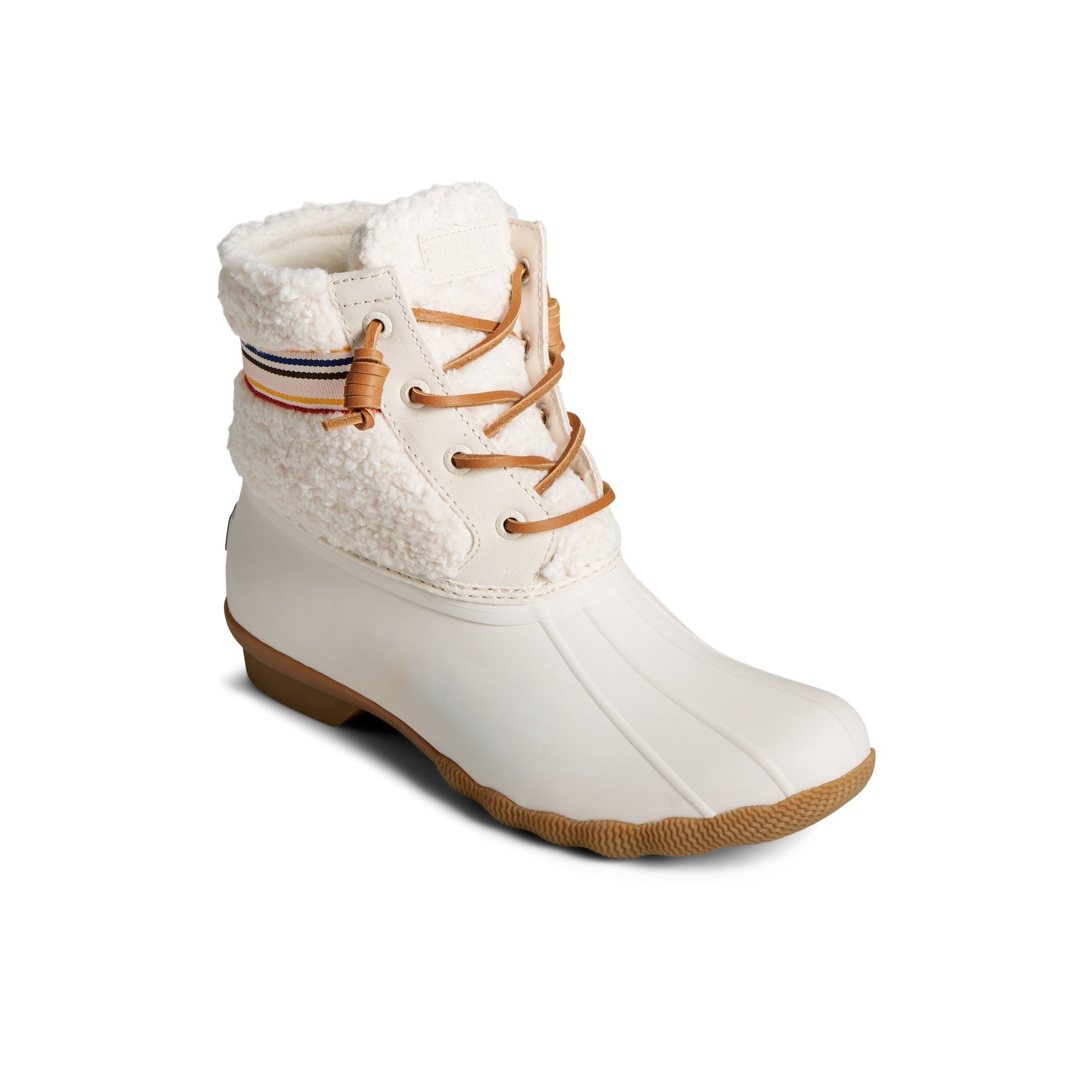 Three-quarter angle of Bone Saltwater™ Rainbow Sherpa Duck Boot Duck Boots's front side