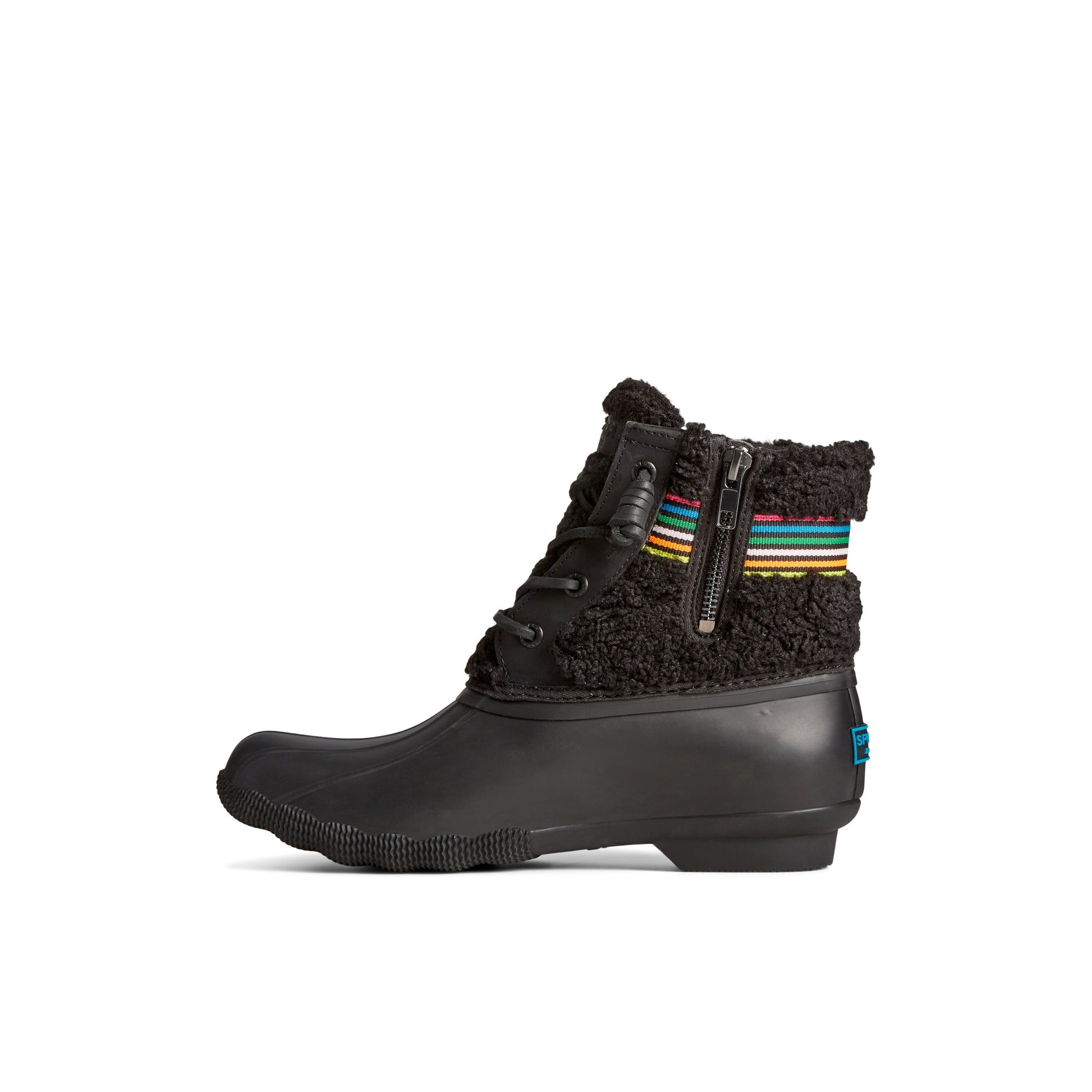 Side view of Black Saltwater™ Rainbow Sherpa Duck Boot Duck Boots