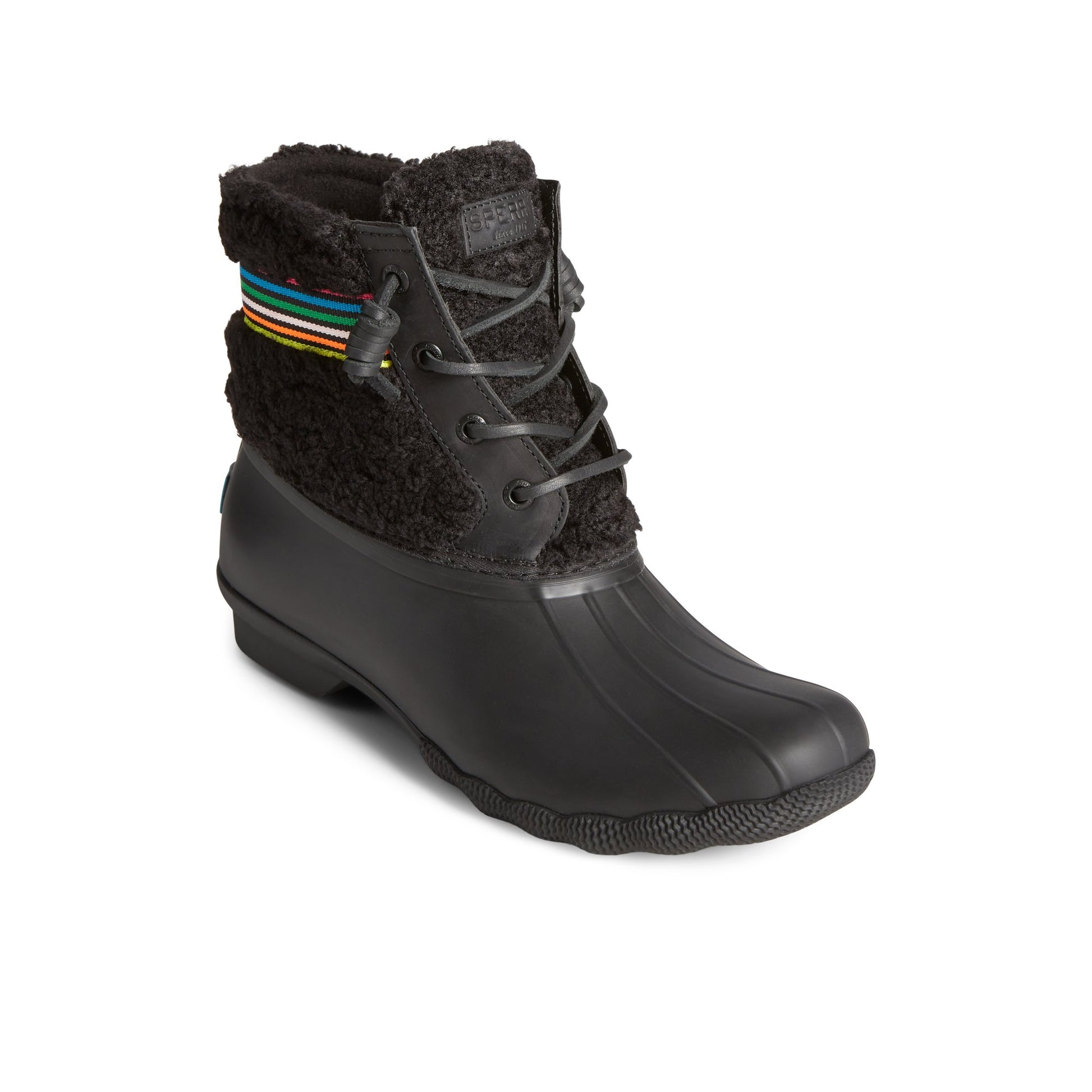Three-quarter angle of Black Saltwater™ Rainbow Sherpa Duck Boot Duck Boots's front side