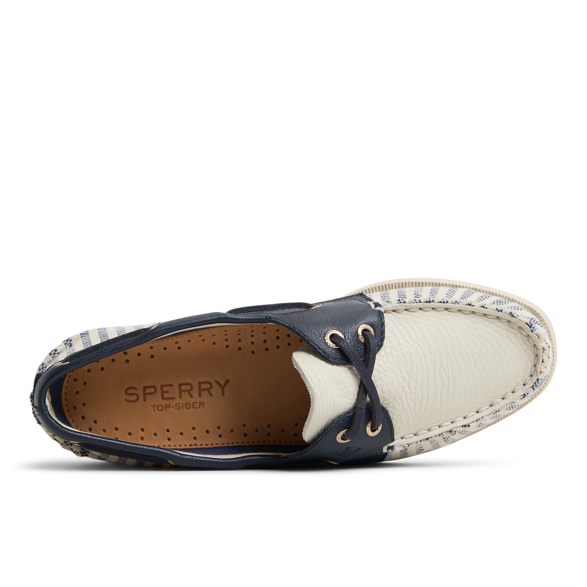 Top-down view of the White/Navy Authentic Original™ 2 Eye Boat Shoe Boat Shoes