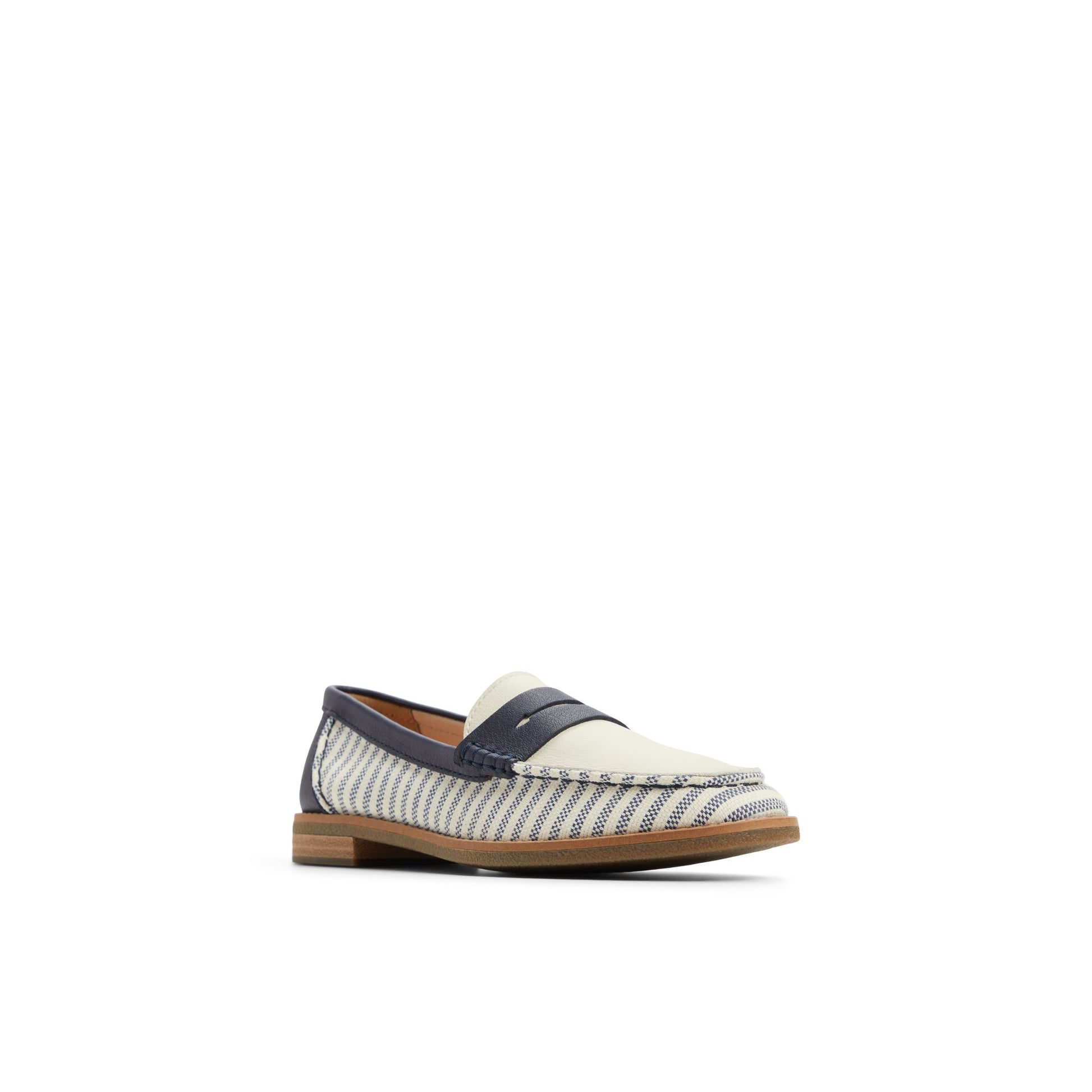 Side view of White/Navy Seaport Penny Loafer Penny Loafer