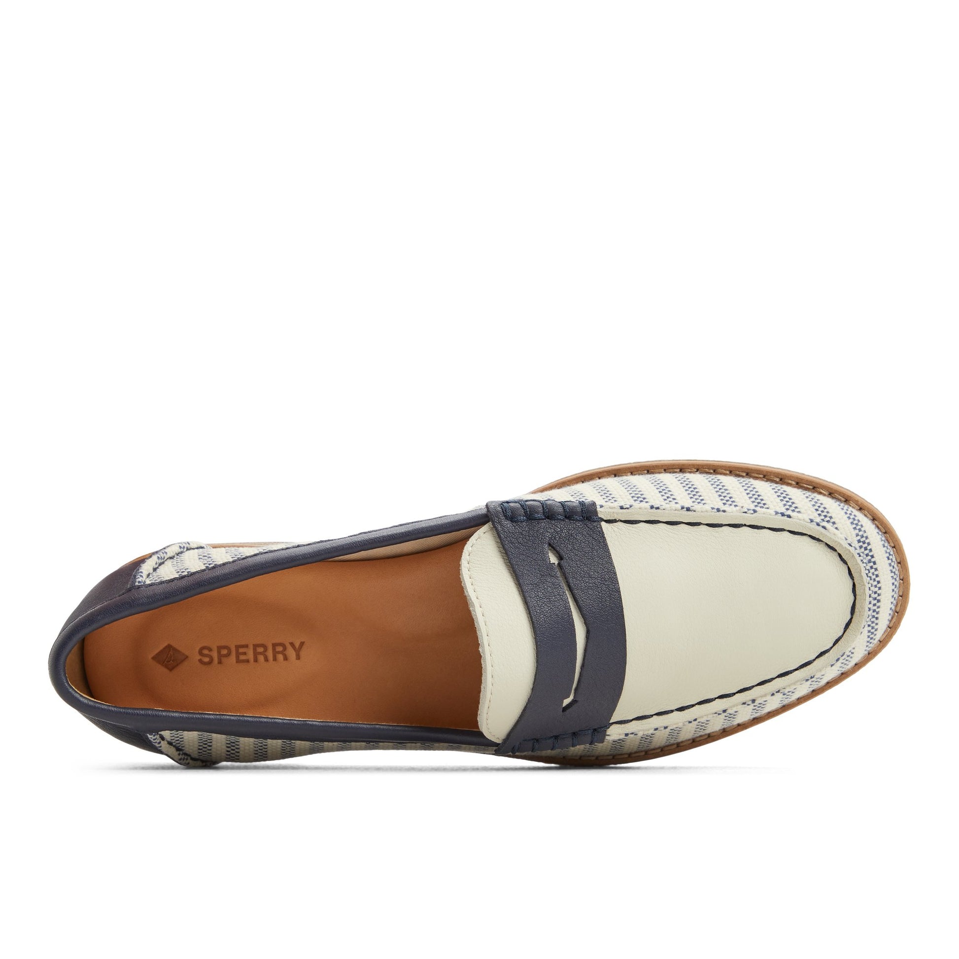 Top-down view of the White/Navy Seaport Penny Loafer Penny Loafer