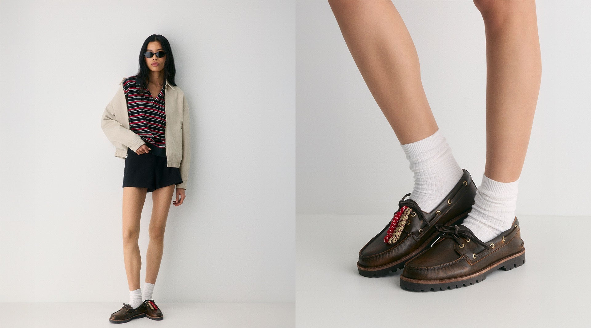 Woman in a striped top, black shorts, and cream jacket wearing dark brown Sperry x Aritzia leather boat shoes, alongside a close-up of the same shoe with colorful braided lace detail and white crew socks.