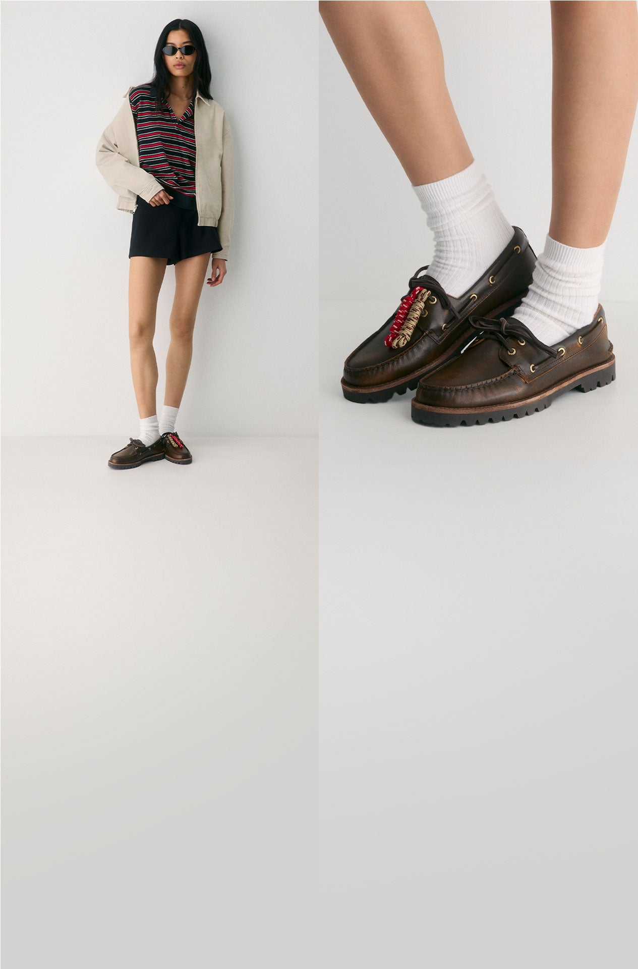 Woman in a striped top, black shorts, and cream jacket wearing dark brown Sperry x Aritzia leather boat shoes, alongside a close-up of the same shoe with colorful braided lace detail and white crew socks.