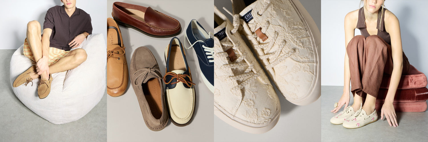 Four-panel Sperry campaign collage featuring a man on a corduroy bean bag wearing tan moccasins, a flat-lay of leather loafers and moccasins in brown, tan, and navy colorways, a close-up of cream canvas sneakers with floral embroidery detail, and a woman in a brown halter jumpsuit wearing cream floral embroidered boat shoes.