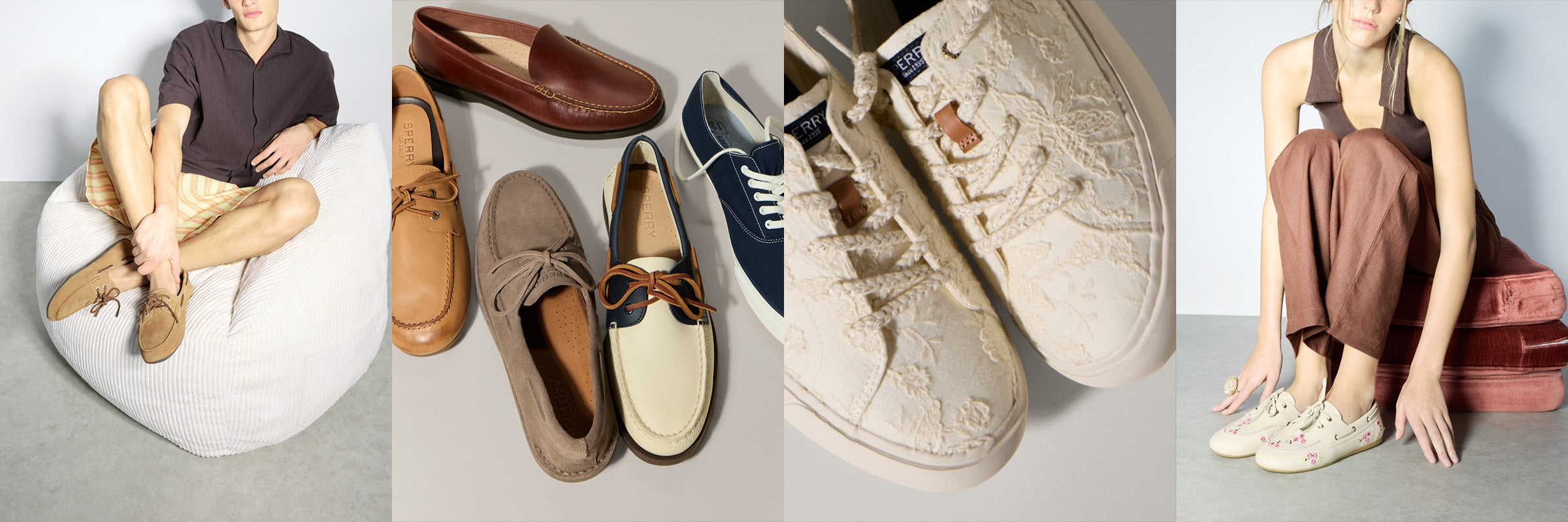 Four-panel Sperry campaign collage featuring a man on a corduroy bean bag wearing tan moccasins, a flat-lay of leather loafers and moccasins in brown, tan, and navy colorways, a close-up of cream canvas sneakers with floral embroidery detail, and a woman in a brown halter jumpsuit wearing cream floral embroidered boat shoes.
