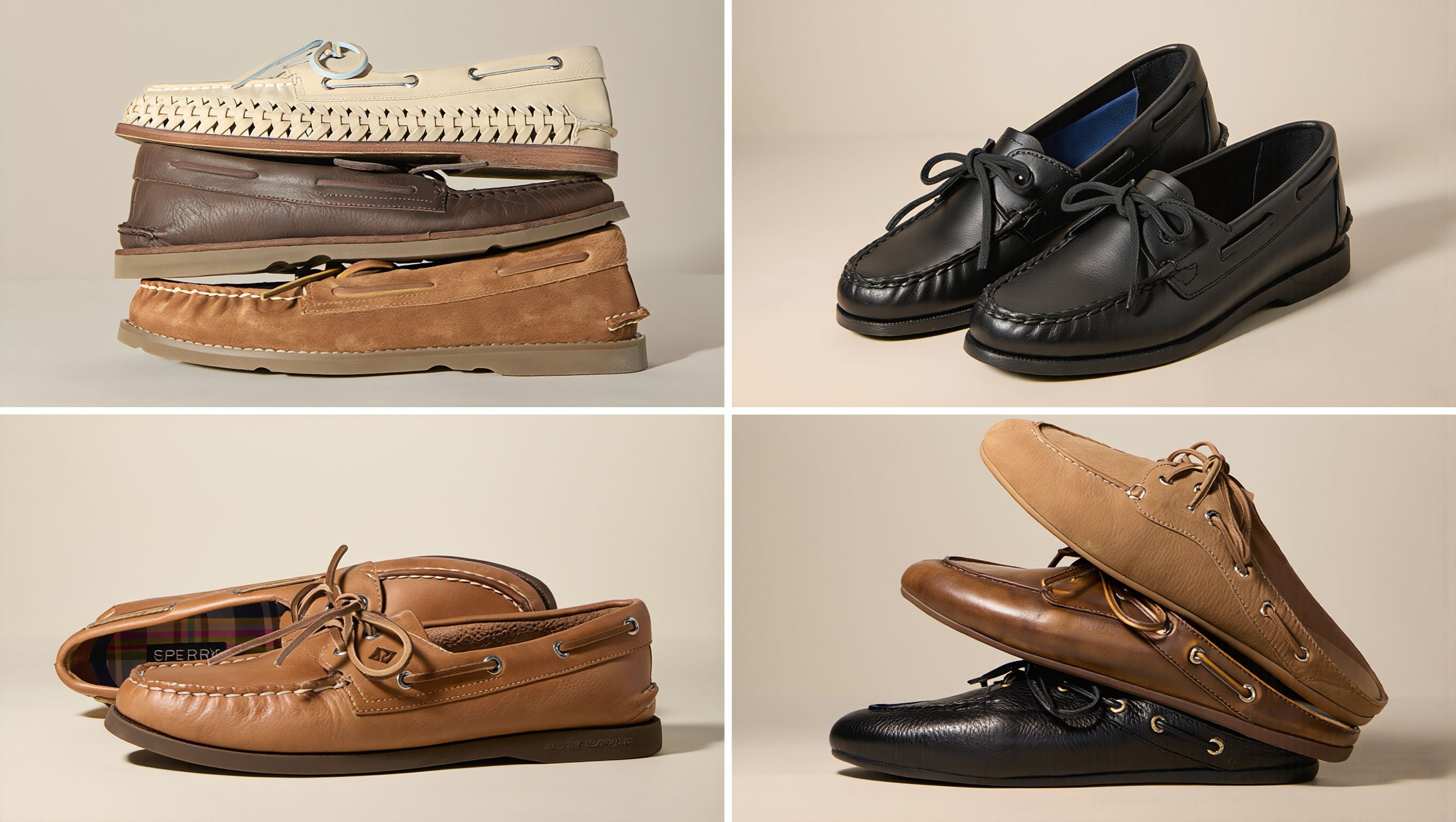 Four close-up product shots of Sperry leather boat shoes — a stacked tan and dark brown pair showing the sole profile, a front view of classic black leather moccasins, a side view of a tan leather boat shoe with plaid lining, and a stacked tan suede and black leather pair highlighting hardware details.