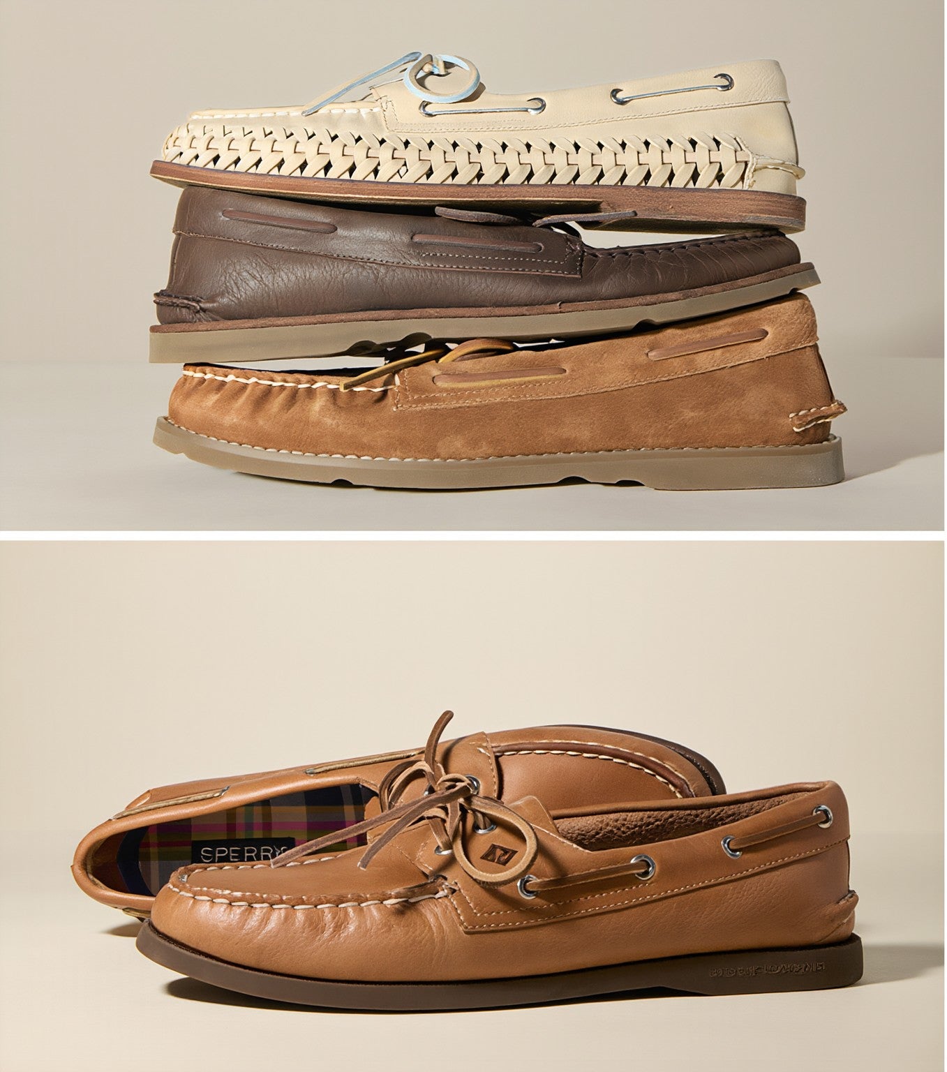 Four close-up product shots of Sperry leather boat shoes — a stacked tan and dark brown pair showing the sole profile, a front view of classic black leather moccasins, a side view of a tan leather boat shoe with plaid lining, and a stacked tan suede and black leather pair highlighting hardware details.