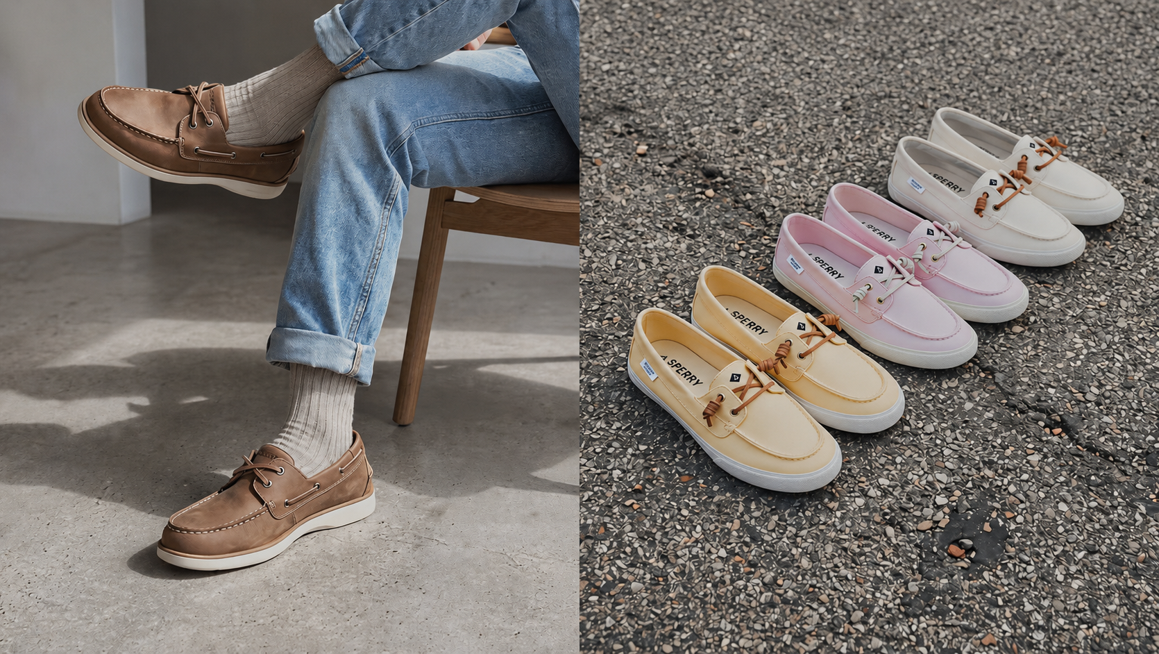 Person in rolled light wash jeans and crew socks wearing tan leather Sperry boat shoes seated on a wooden bench, alongside a flat-lay of three pairs of Sperry canvas boat shoes in pastel yellow, pink, and cream on a gravel surface.