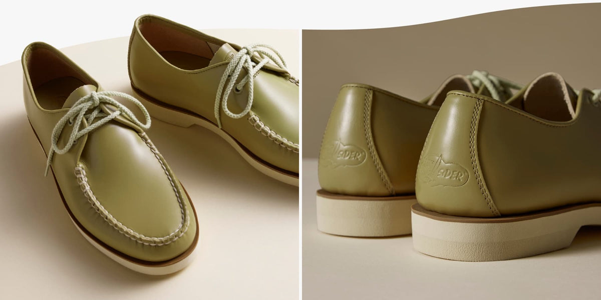Sage green leather Sperry moccasin-style shoes shown from two angles — a top view displaying the rope lacing and hand-stitched welt, and a back view highlighting the embossed Sperry logo on the heel counter.