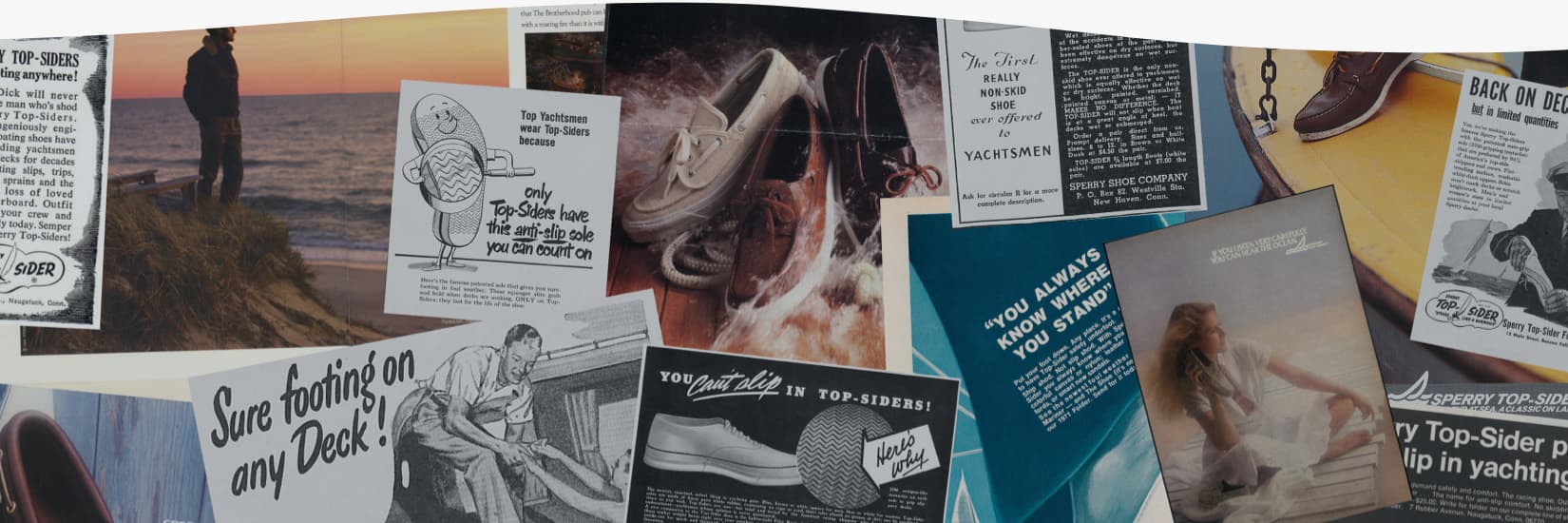 Collage of vintage Sperry print advertisements and promotional materials highlighting the brand's heritage, featuring classic taglines and archival shoe imagery.