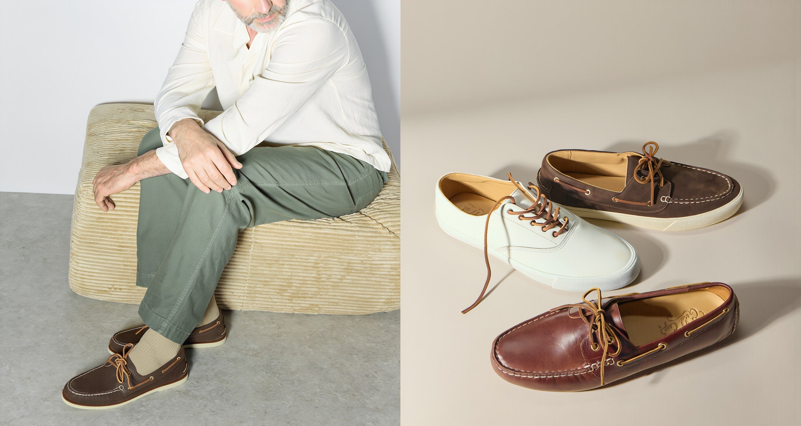 "Man seated in olive chinos wearing dark brown Sperry leather boat shoes, alongside a flat-lay of three styles: a dark brown suede boat shoe, a white canvas lace-up sneaker, and a burgundy leather moccasin, presented as Father's Day gift options.