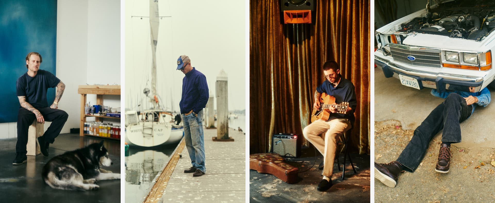 Four-panel Sperry lifestyle collage featuring men in everyday settings — a tattooed man in an art studio with his dog, a man at a marina dock beside a sailboat, a musician playing guitar on a dimly lit stage, and a man lying under a car doing repairs, all wearing Sperry shoes.