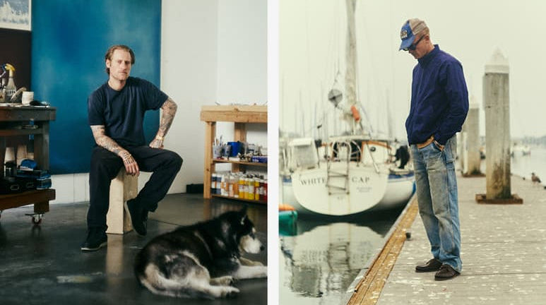 Four-panel Sperry lifestyle collage featuring men in everyday settings — a tattooed man in an art studio with his dog, a man at a marina dock beside a sailboat, a musician playing guitar on a dimly lit stage, and a man lying under a car doing repairs, all wearing Sperry shoes.