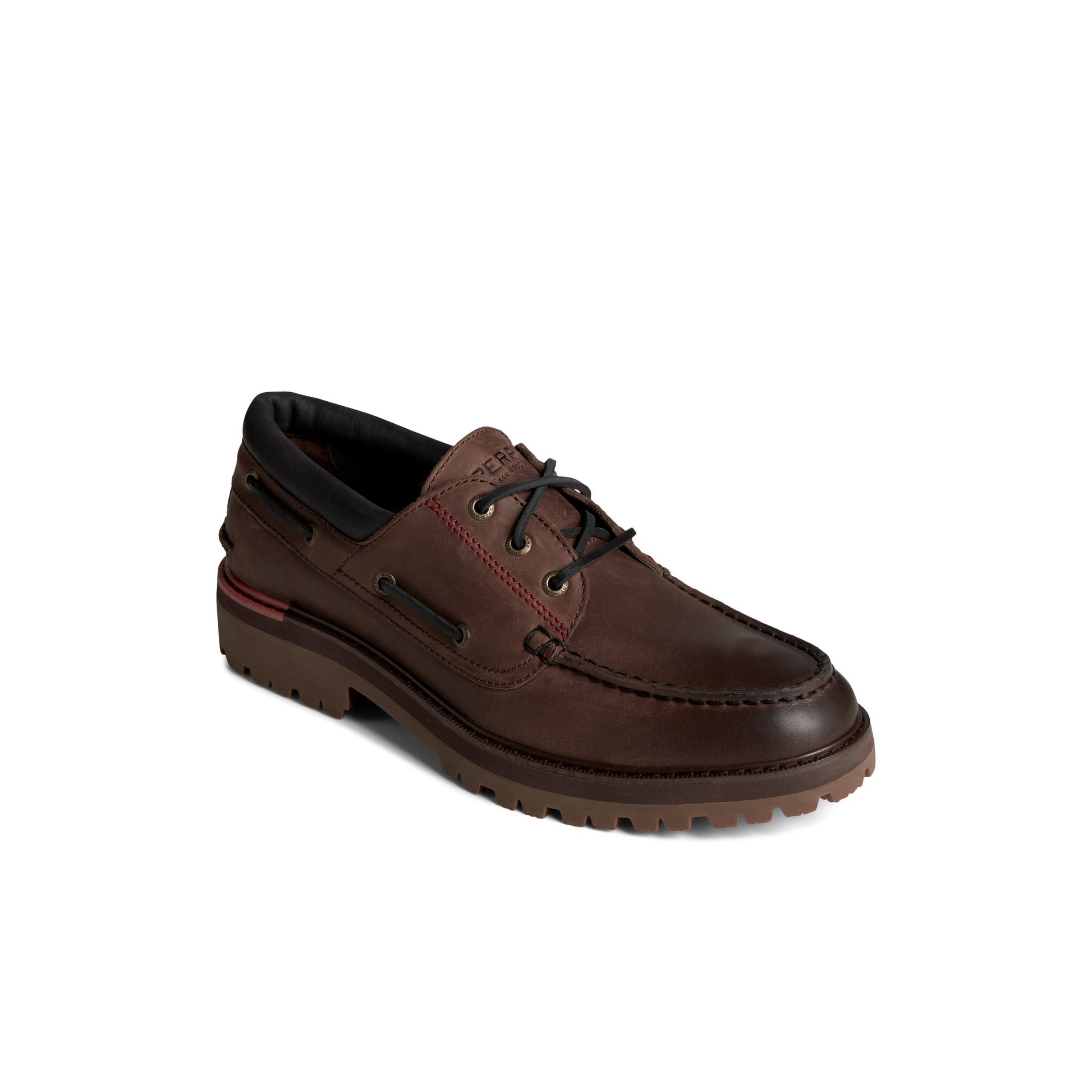 Three-quarter angle of Brown Authentic Original™ Unlined Lug 3-Eye Boat Shoe Boat Shoes's front side