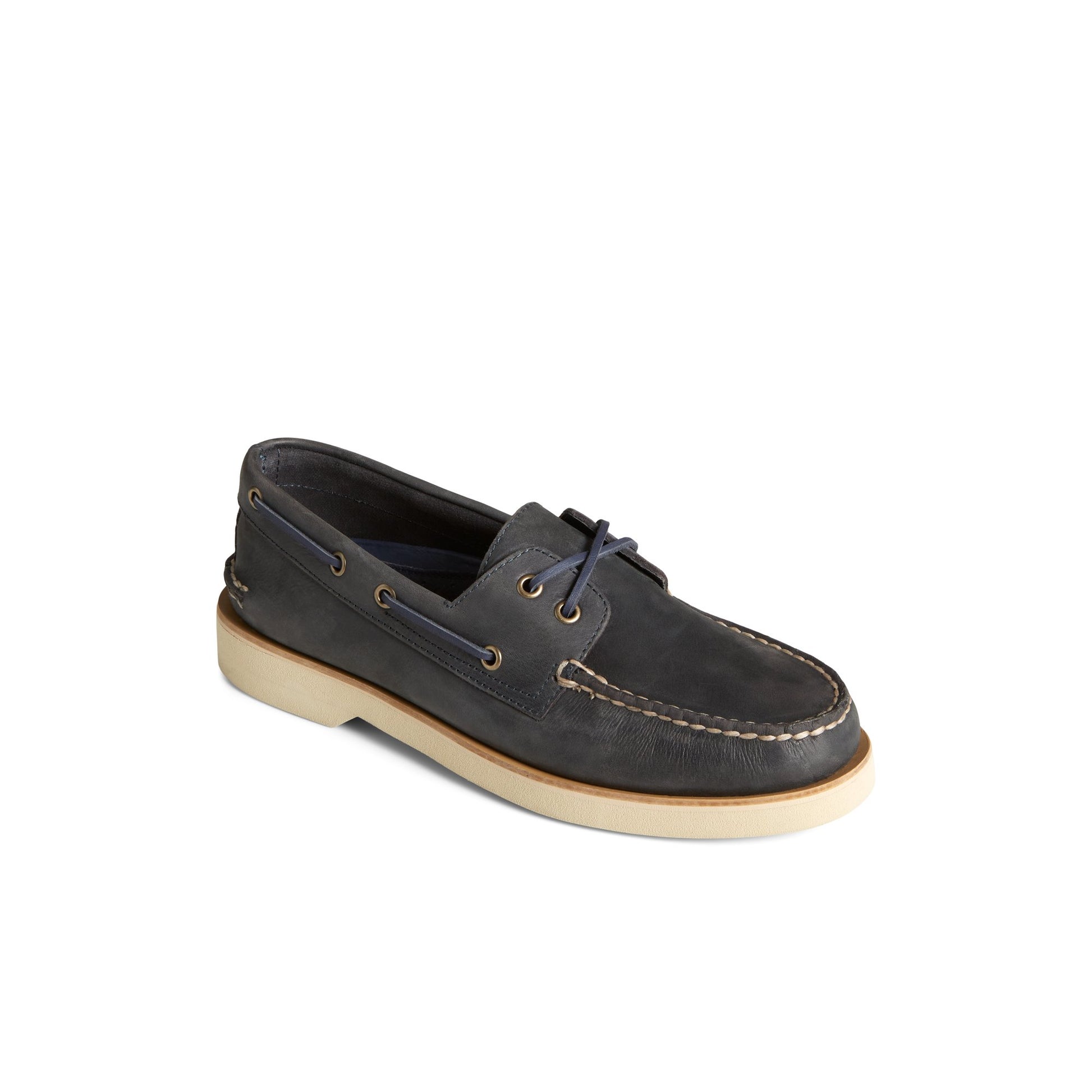 Three-quarter angle of Navy Authentic Original™ Double Sole Cross Lace Boat Shoe Boat Shoes's front side