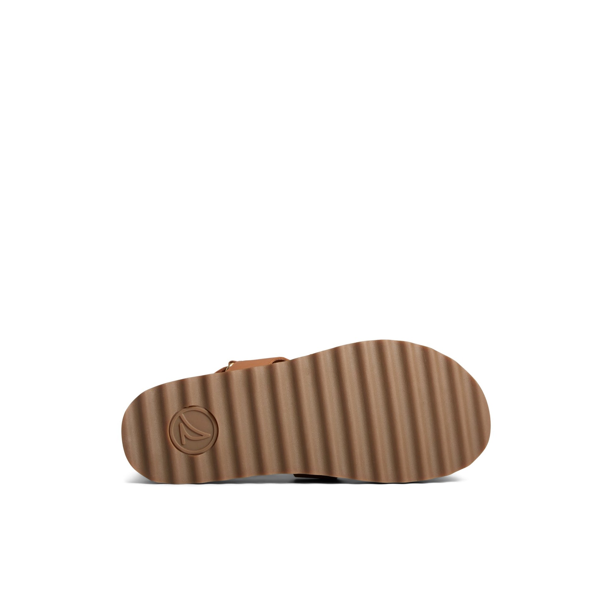 View of Medium Beige Cami Flatform Sandal Strappy Flatform Sandals's sole
