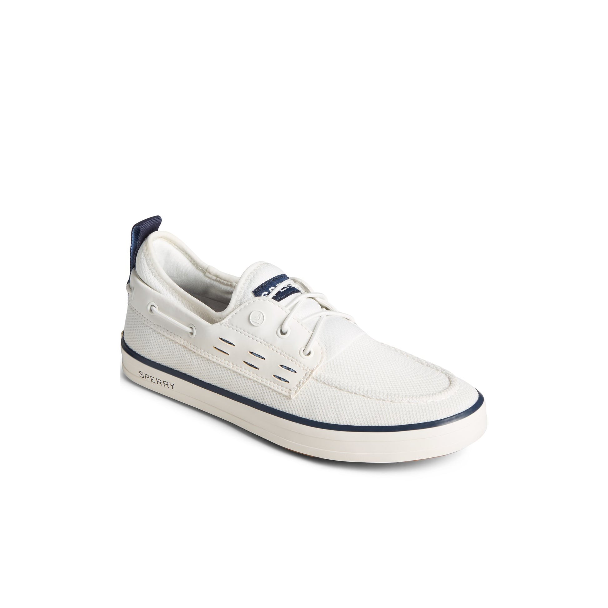 Three-quarter angle of White SeaCycled™ Fairlead Boat Sneaker Vulcanized Sneaker's front side
