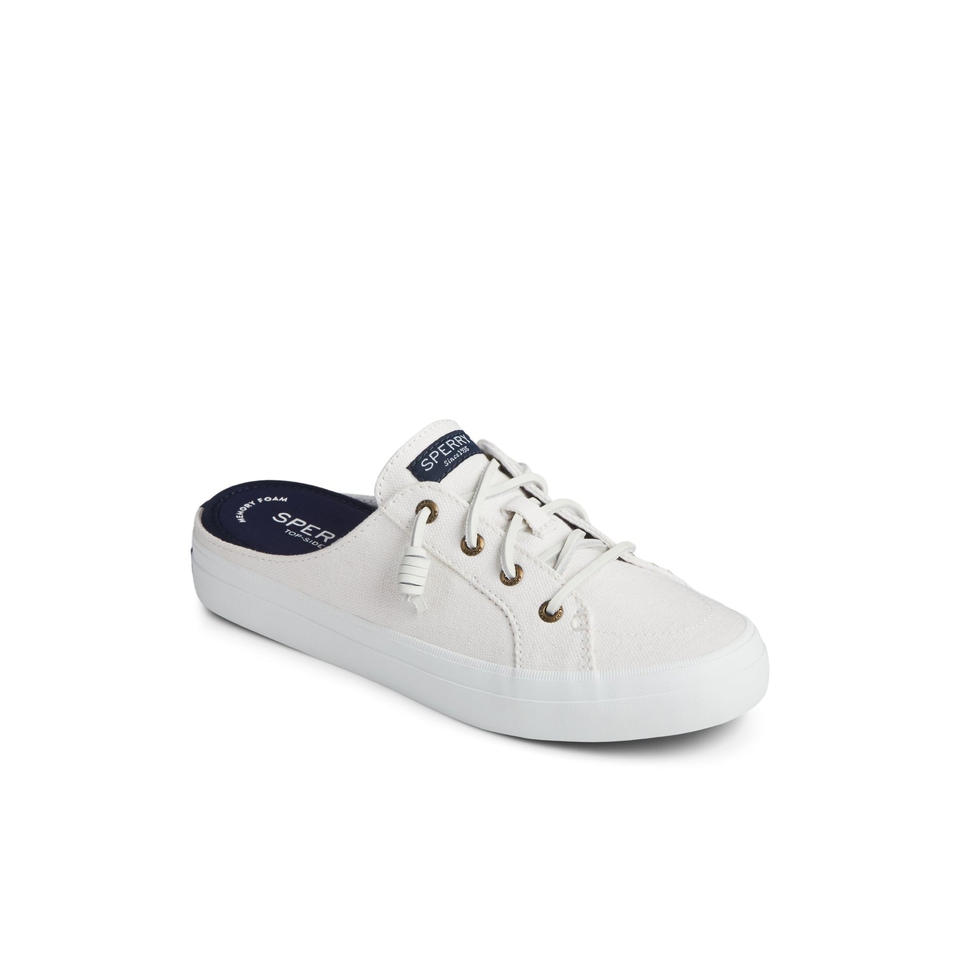 Three-quarter angle of White Crest Vibe Mule Sneaker Vulcanized Sneaker Mule's front side