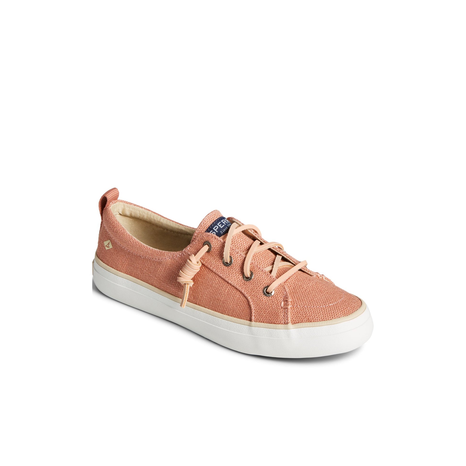 Three-quarter angle of Medium Pink Crest Vibe Hemp Sneaker Vulcanized Sneaker's front side