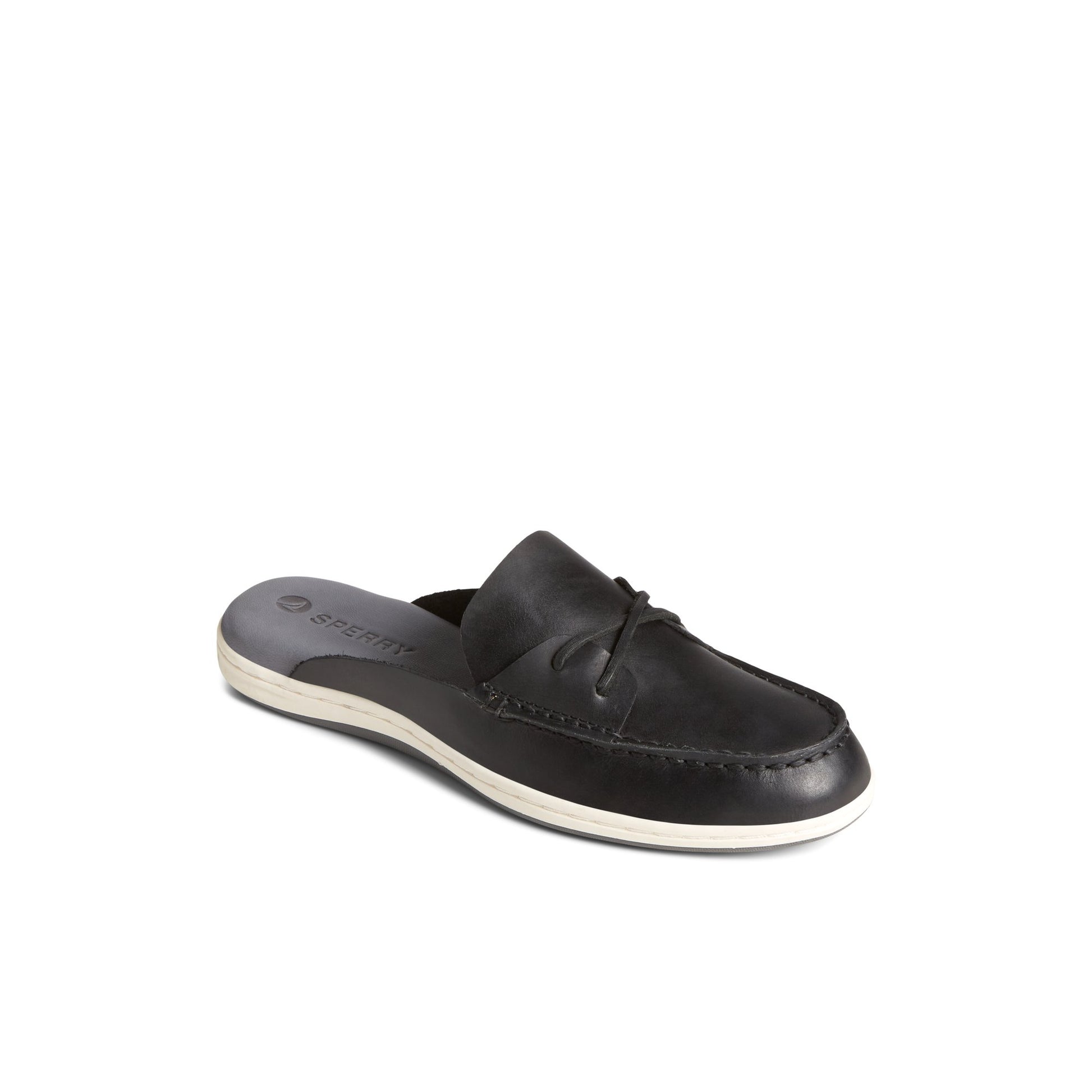Three-quarter angle of Black Mulefish Leather Boat Shoe Loafer Mule's front side